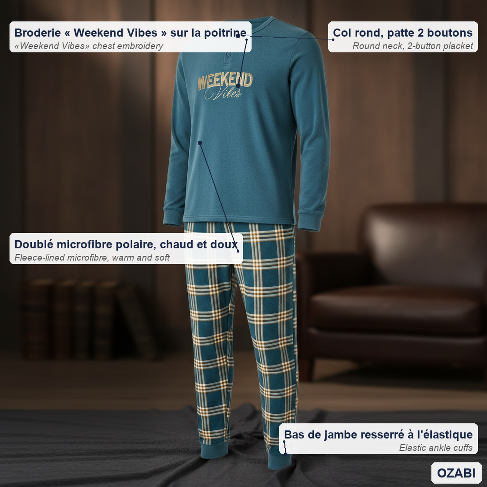 Voir la diapositive 5 : OZABI Ozabi ensemble pyjama homme doublé polaire broderie weekend vibes