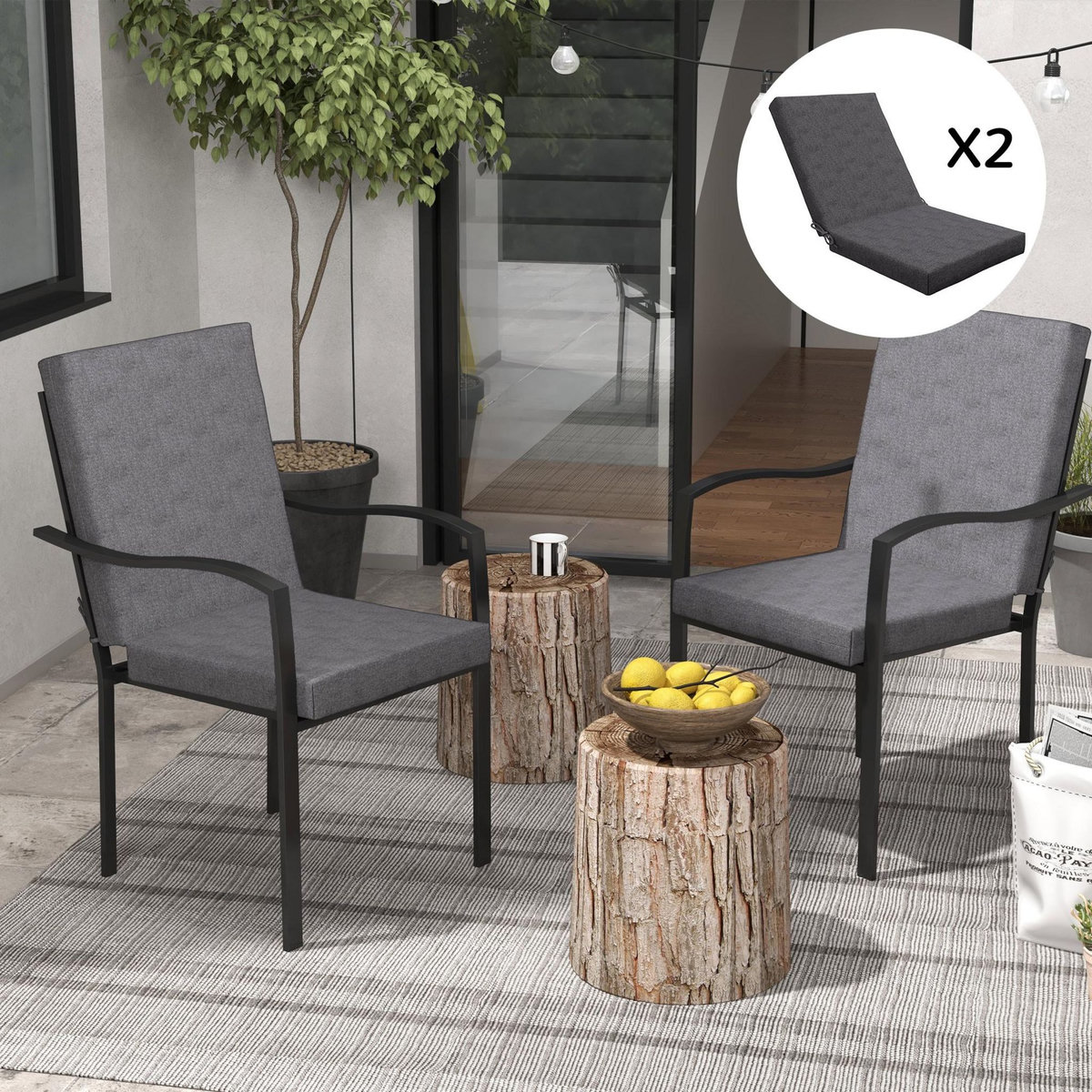 OUTSUNNY Lot de 2 coussins galettes de chaise de jardin - dim. 112L x 51l x ép. 8 cm - cordons attache - polyester déperlant anthracite
