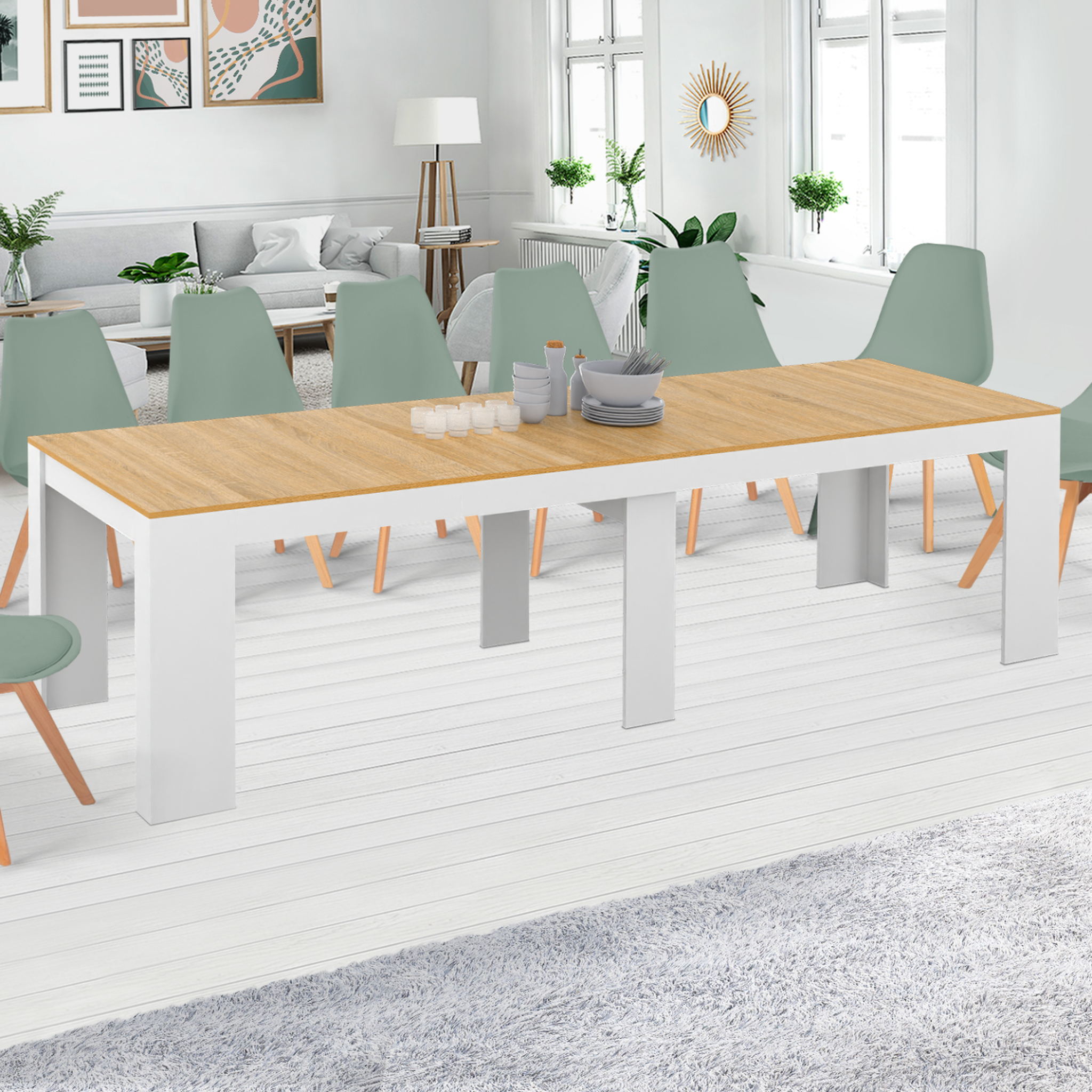 Voir la diapositive 2 : ID MARKET Table console extensible orlando 14 personnes 300 cm blanc et façon hêtre