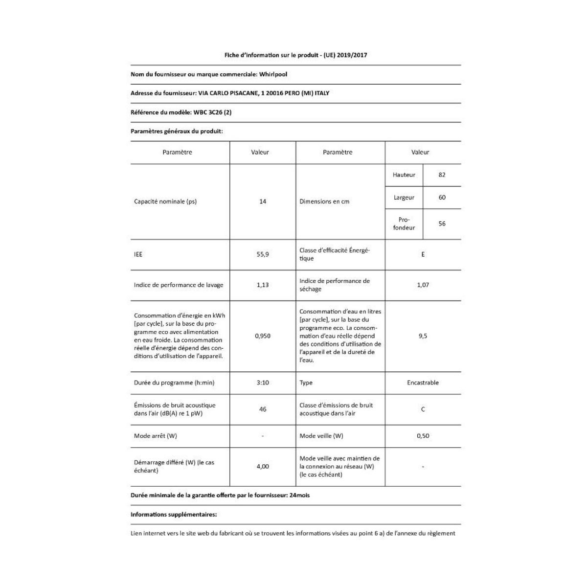 Whirlpool Lave-vaisselle 60cm 14 couverts 46db intégrable avec bandeau - wbc3c26