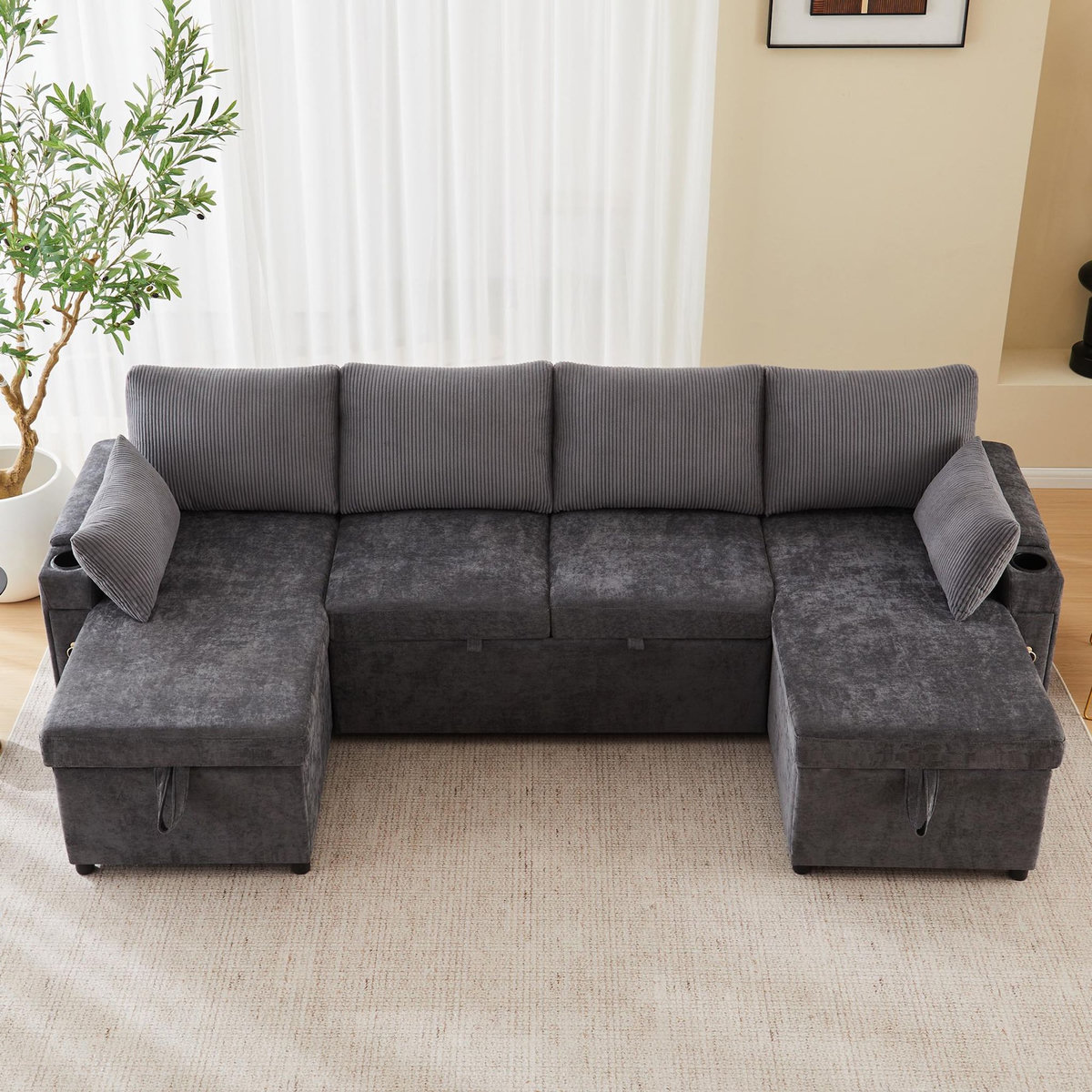 MERAX Canapé d'angle panoramique convertible 4 places tissu coffre de rangement