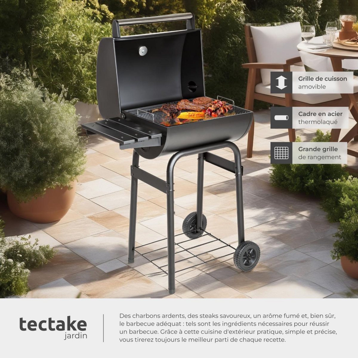 tectake Barbecue charbon avec thermomètre équipé de 2 roues pour un piètement stable noir