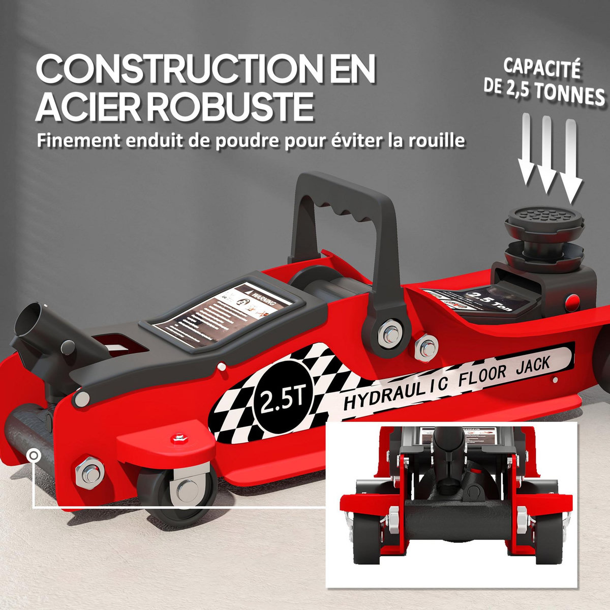 HOMCOM Cric hydraulique rouleur 2,5t - hauteur de levage 80-360mm - acier rouge noir