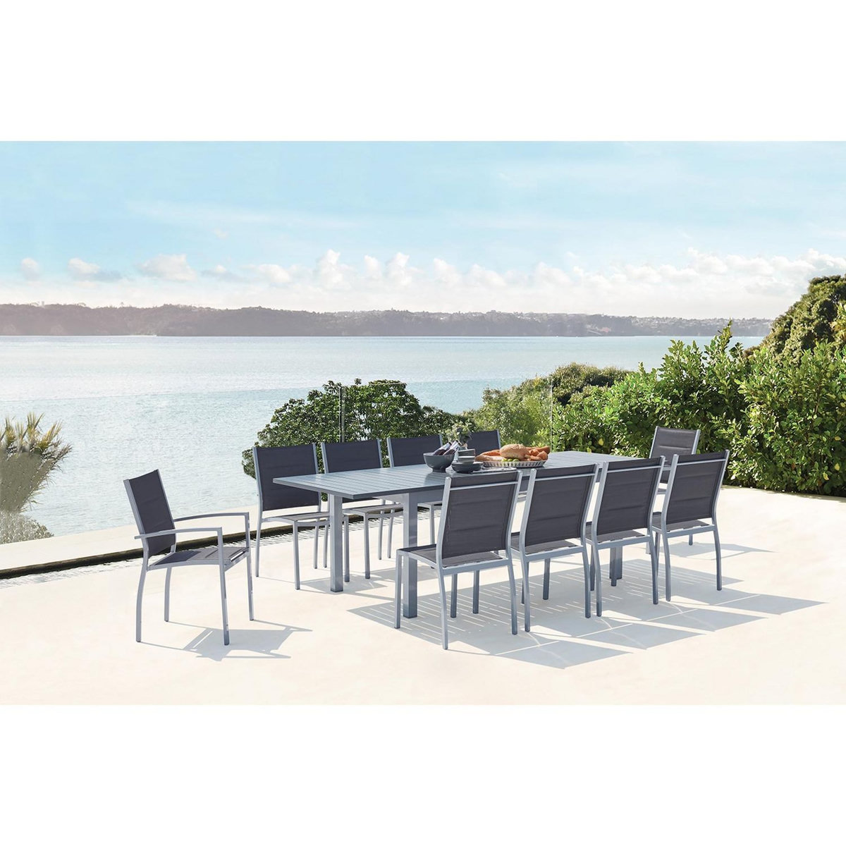 CONCEPT USINE Table de jardin extensible et 10 chaises alu-toile PVC gris AREZZO