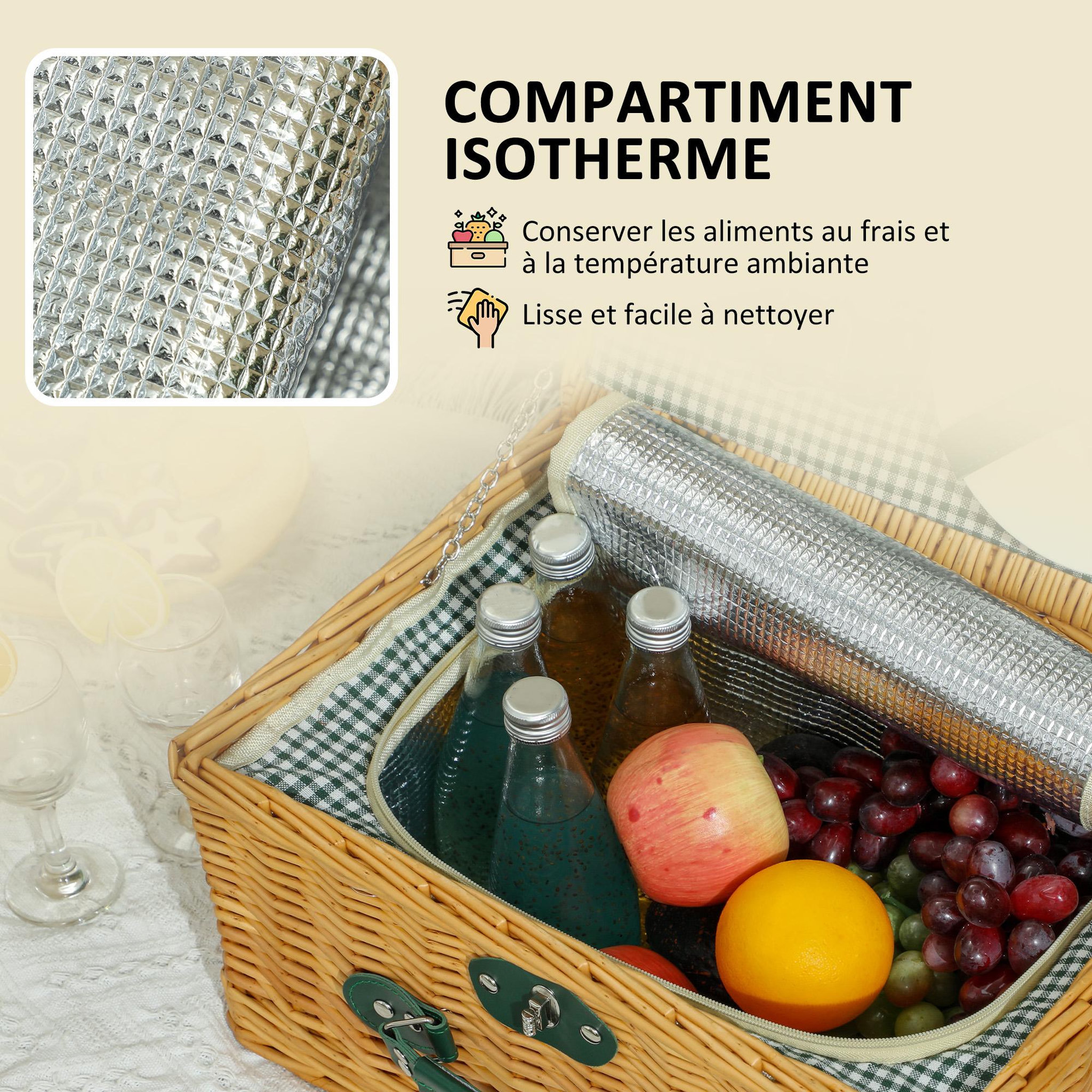 Voir la diapositive 6 : OUTSUNNY Panier de pique-nique en osier ensemble panier pique-nique 2 personnes avec compartiment isotherme et accessoires