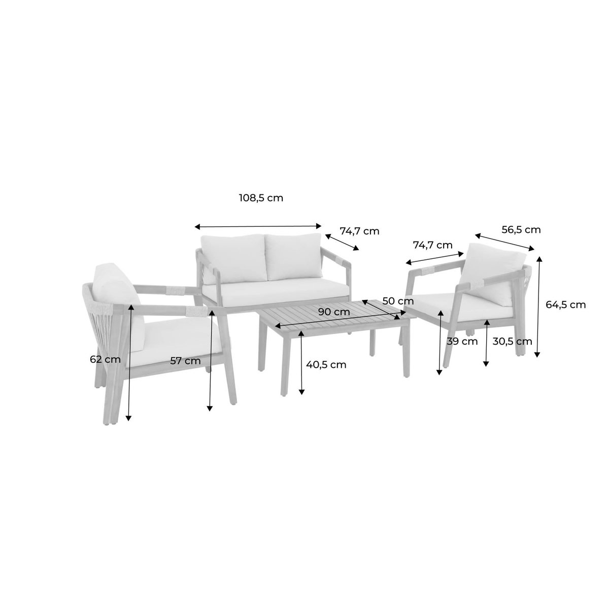 SWEEEK Salon de jardin en acacia 4 places beige avec cordes LOBERIA. table rectangulaire