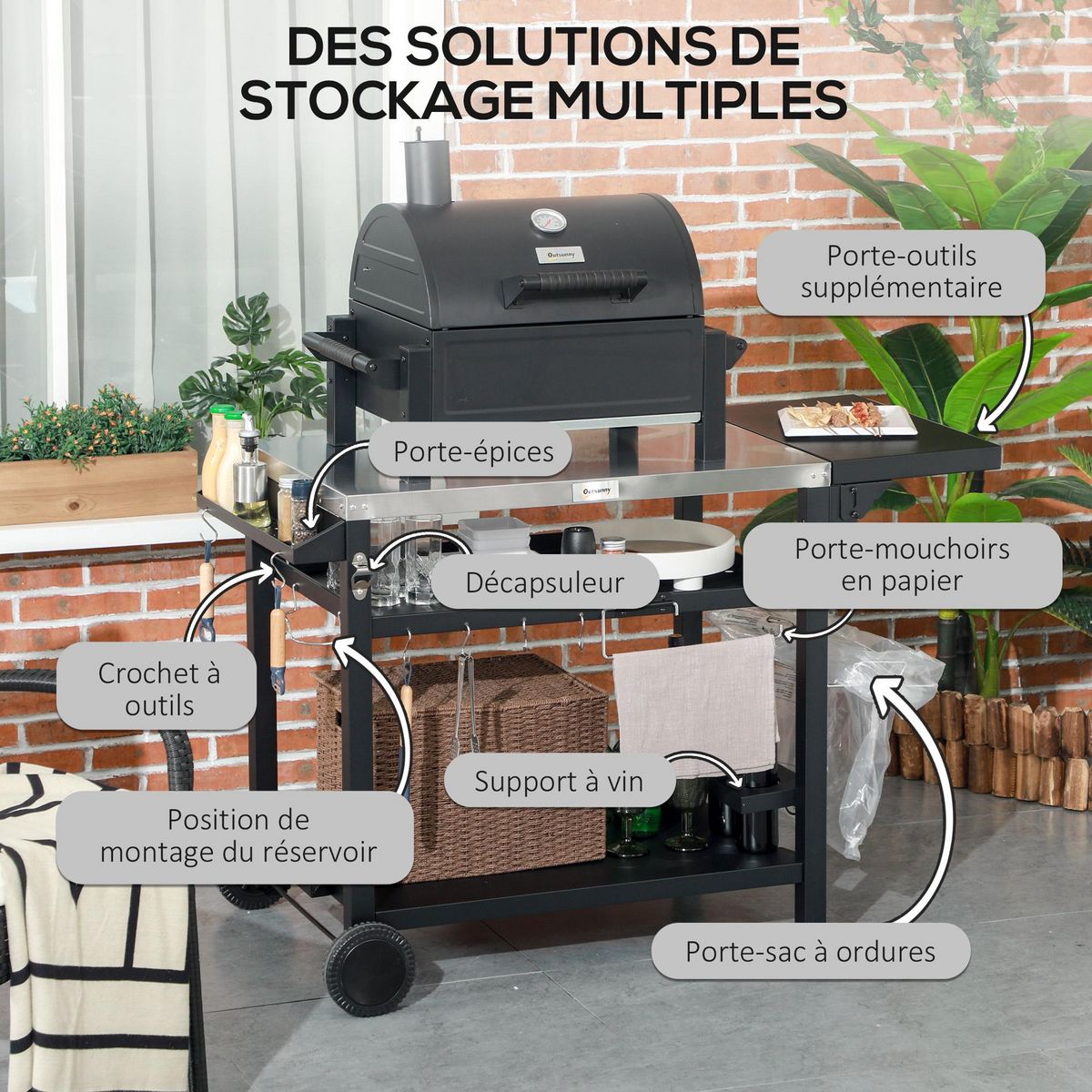 OUTSUNNY Chariot desserte barbecue plancha multi-équipement plateau acier inox