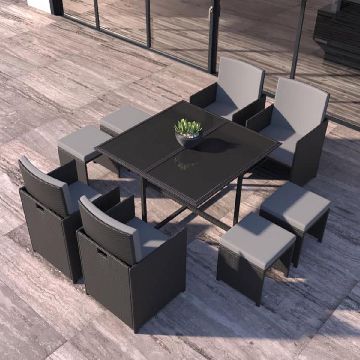 CONCEPT USINE Table et chaises 8 places en résine tressée noir et gris FLORIDA