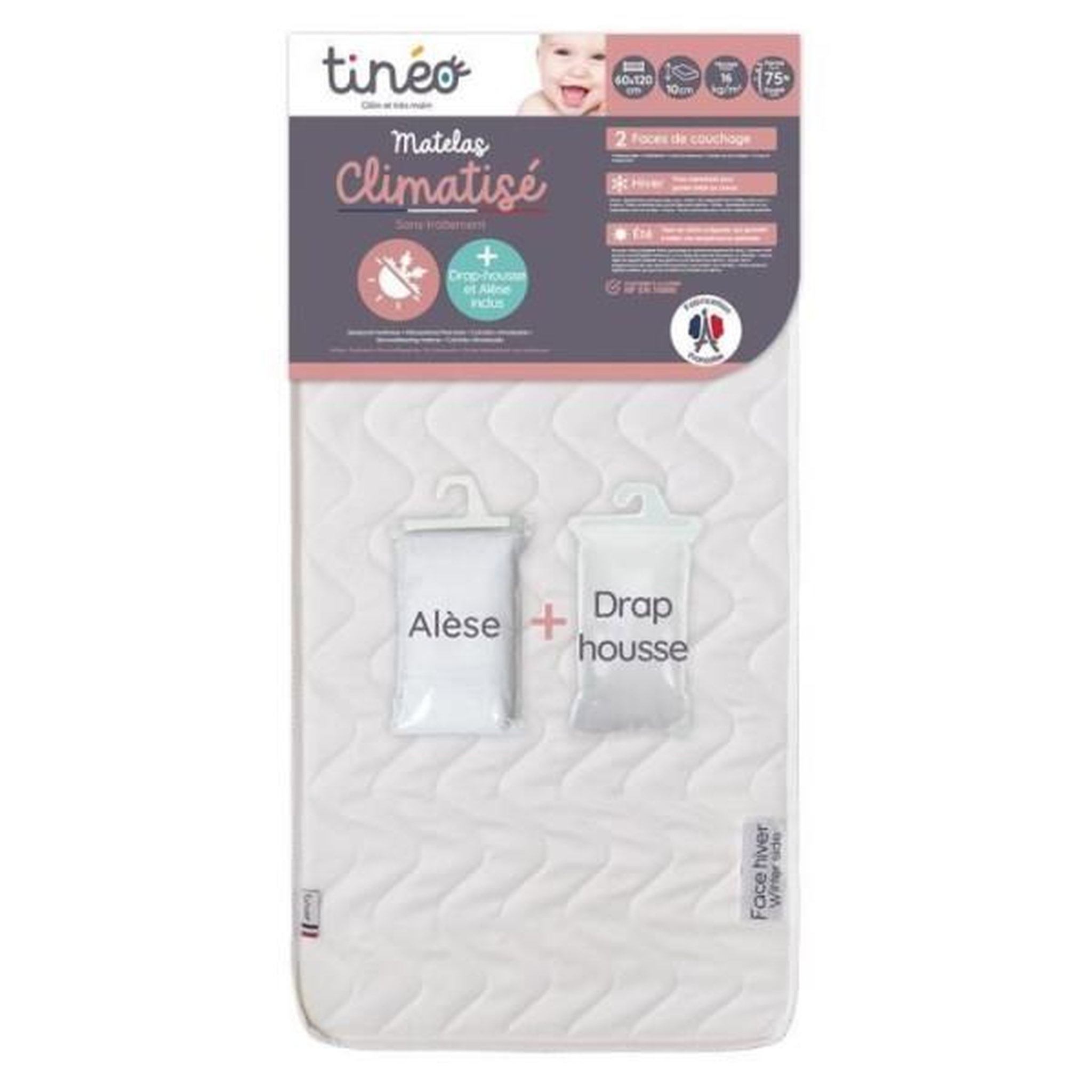 Voir la diapositive 2 : TINEO Matelas climatisé TINEO 60x120 cm + drap housse + alese (lot)