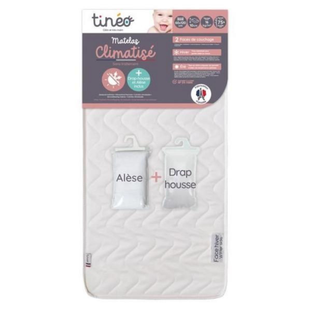 TINEO Matelas climatisé TINEO 60x120 cm + drap housse + alese (lot)