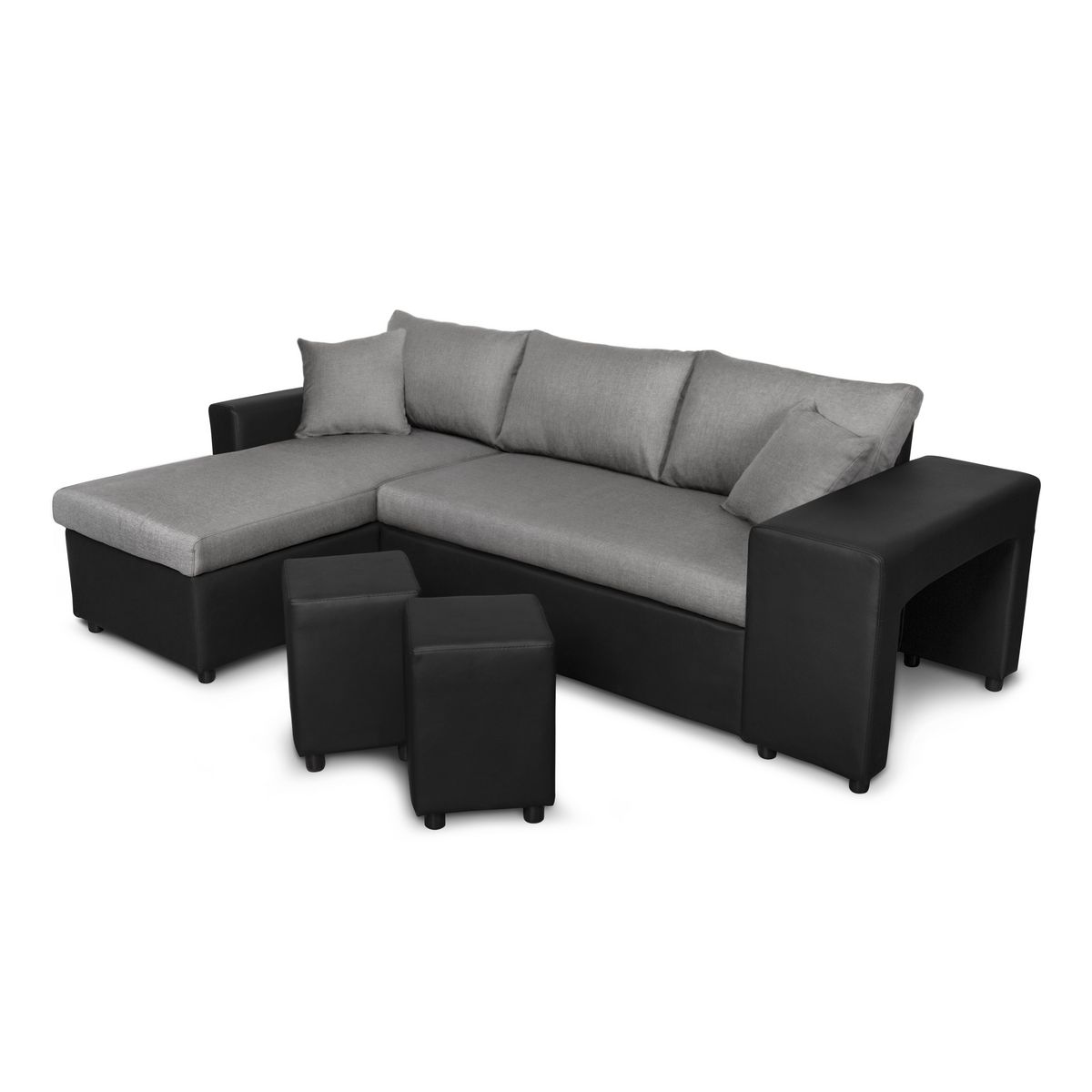 Canapé d'angle réversible convertible avec coffre + 2 poufs avec niche fixe à droite ANETTA