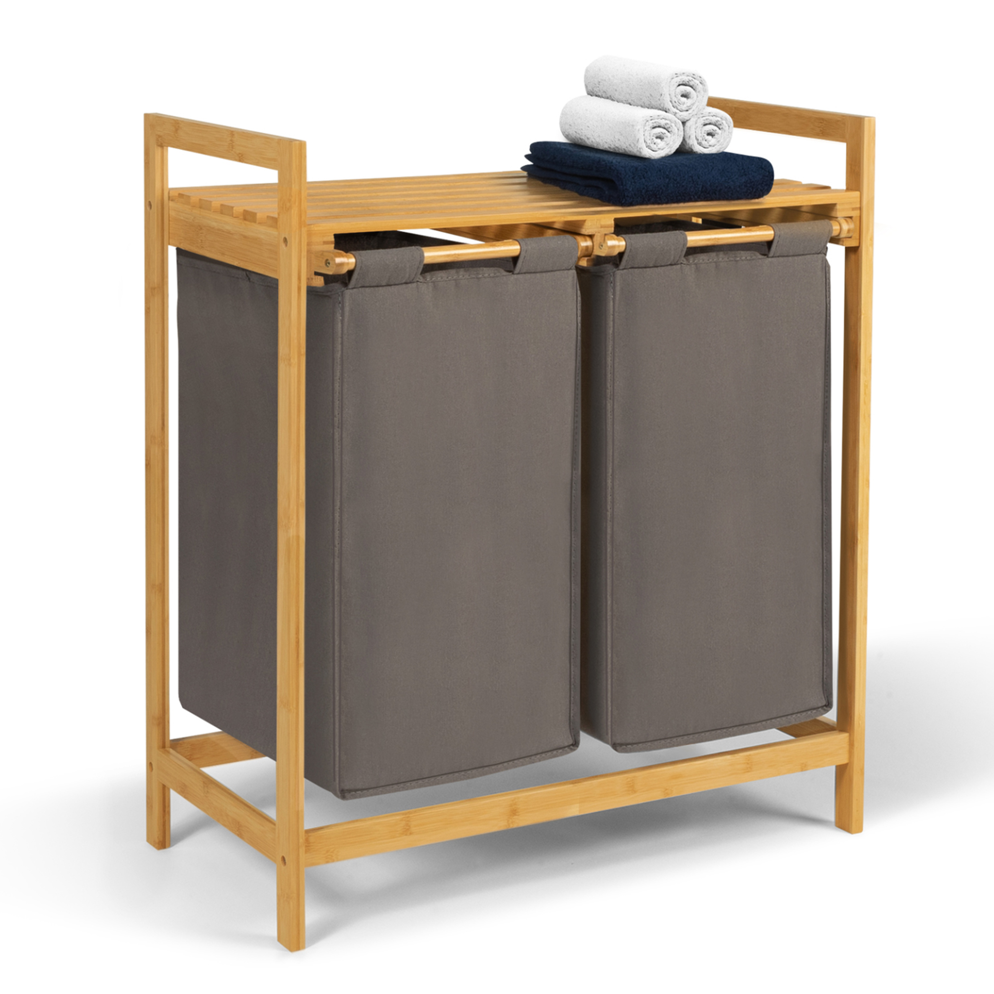ID MARKET Panier à linge 2 bacs bambou bea tissu gris foncé