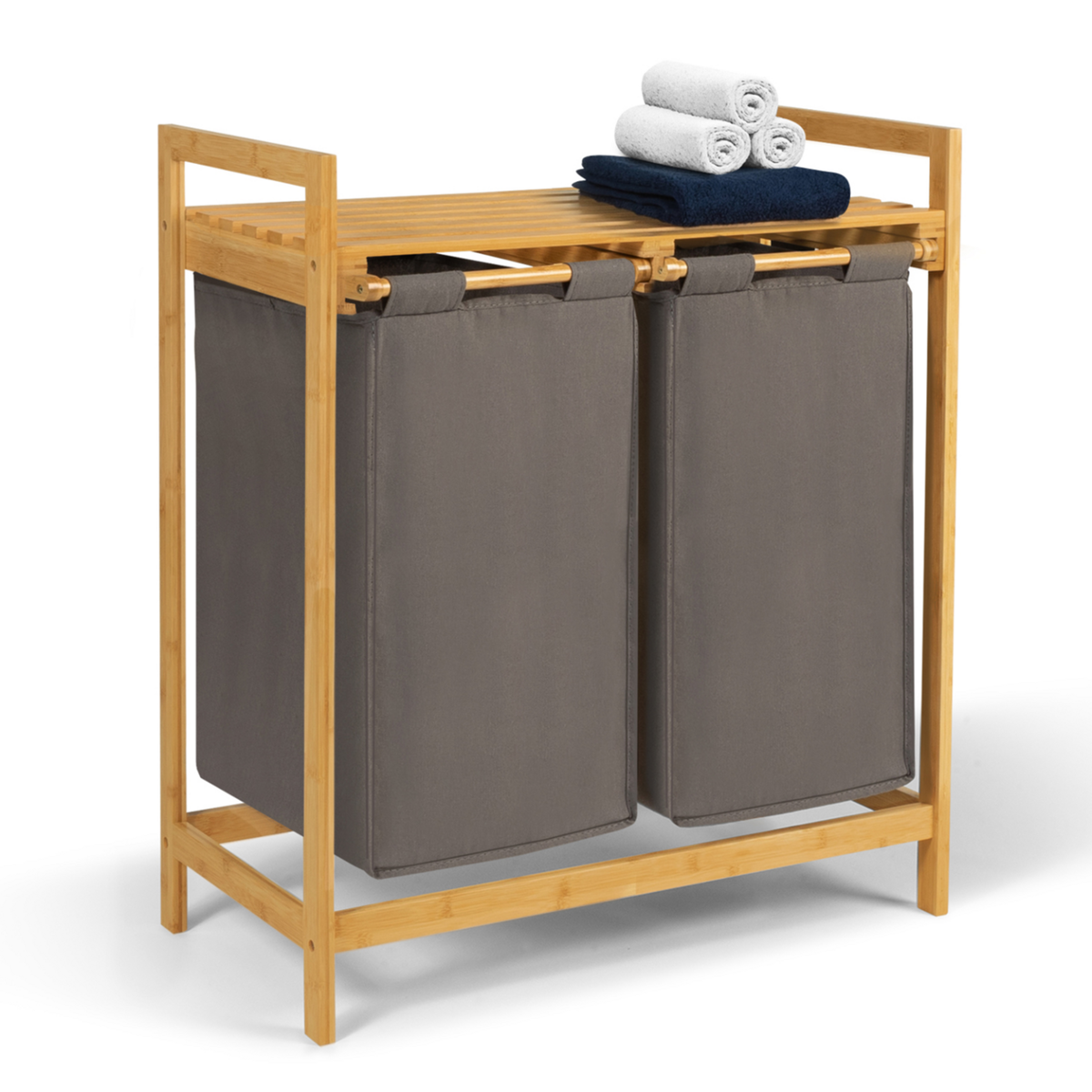 ID MARKET Panier à linge 2 bacs bambou BEA tissu gris foncé