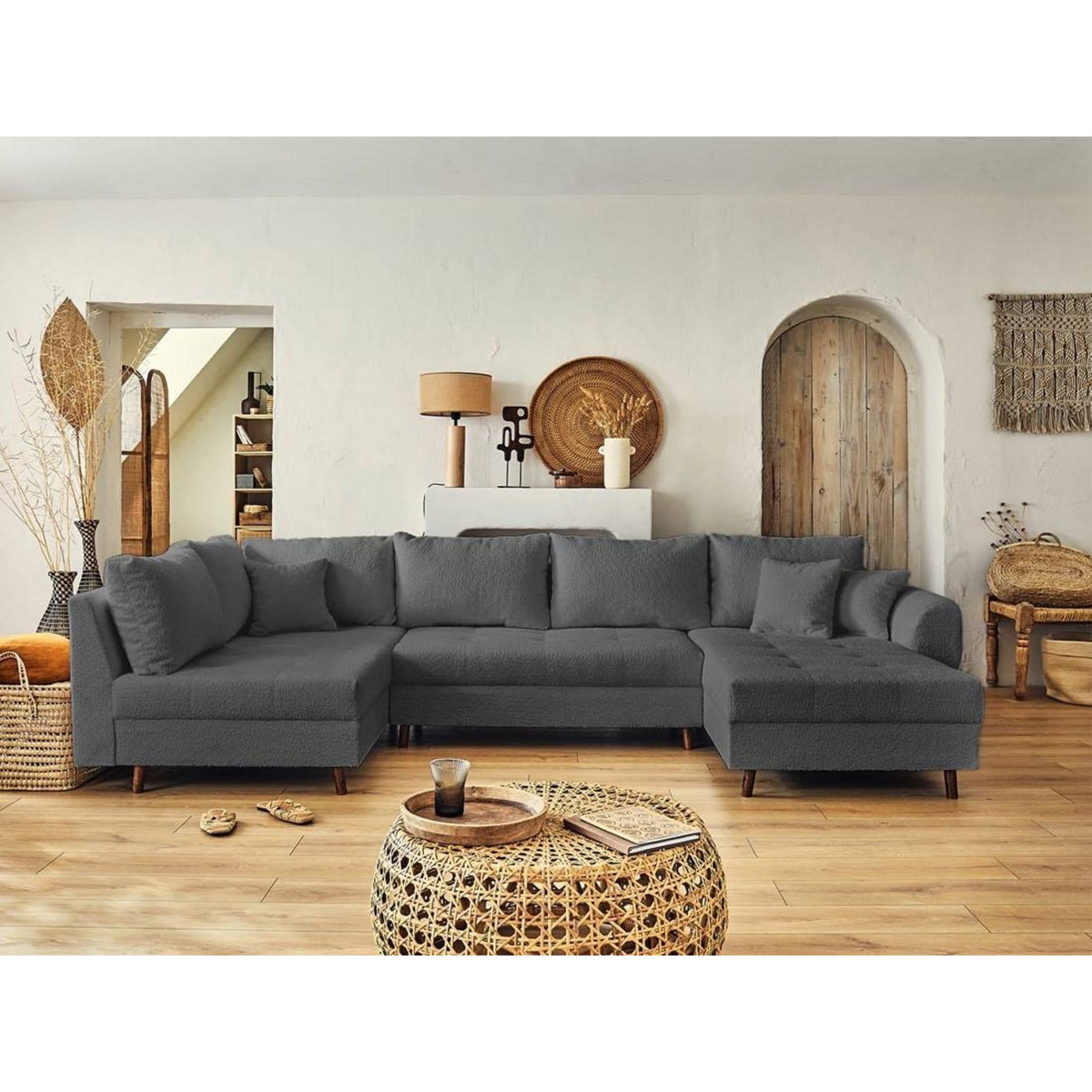 LISA DESIGN Rune - canapé panoramique d'angle gauche - 7 places - avec pouf d'appoint - en tissu bouclette