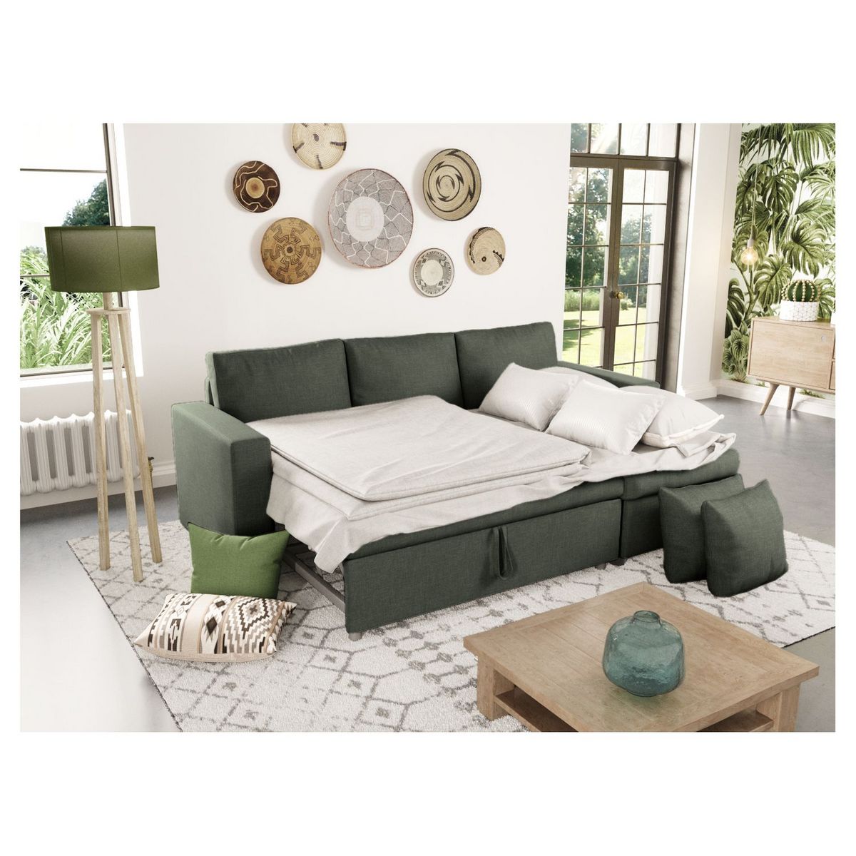 Canapé d'angle réversible convertible avec coffre en tissu ou velours GERALDINE 