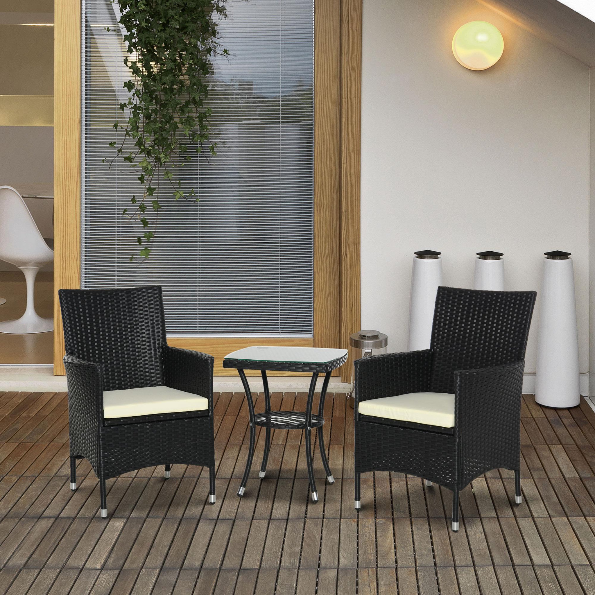 Voir la diapositive 2 : OUTSUNNY Ensemble salon de jardin 2 places : 2 fauteuils et table basse plateau verre trempé résine tressée 4 fils imitation rotin avec coussins noir