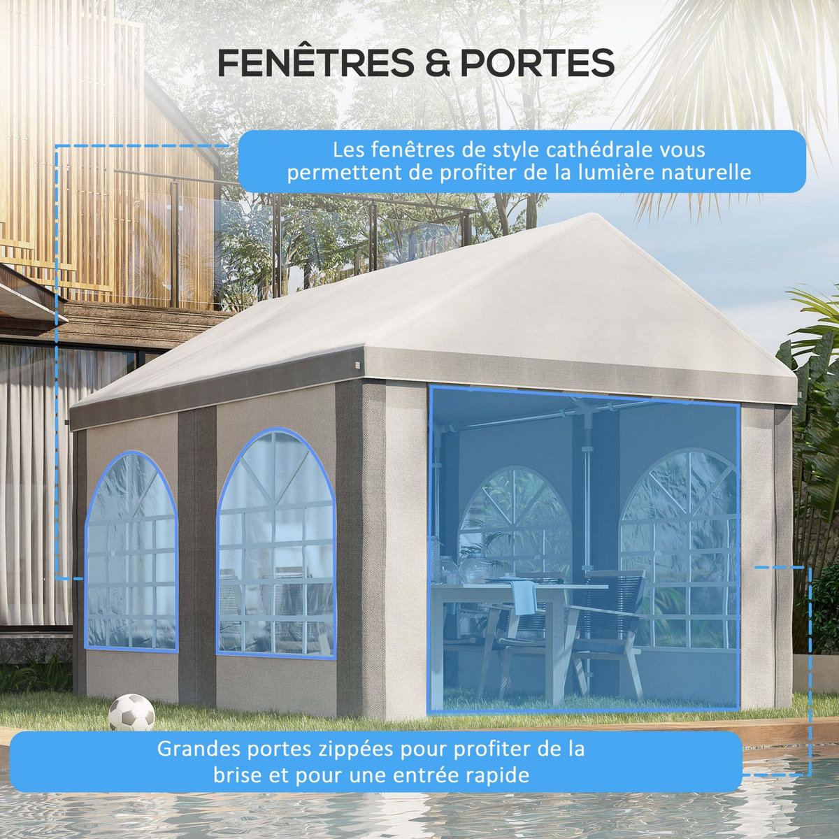 OUTSUNNY Barnum tonnelle chapiteau de jardin dim. 4L x 2,95l x 2,85H m - 4 fenêtres, 2 portes - acier galvanisé PE blanc gris