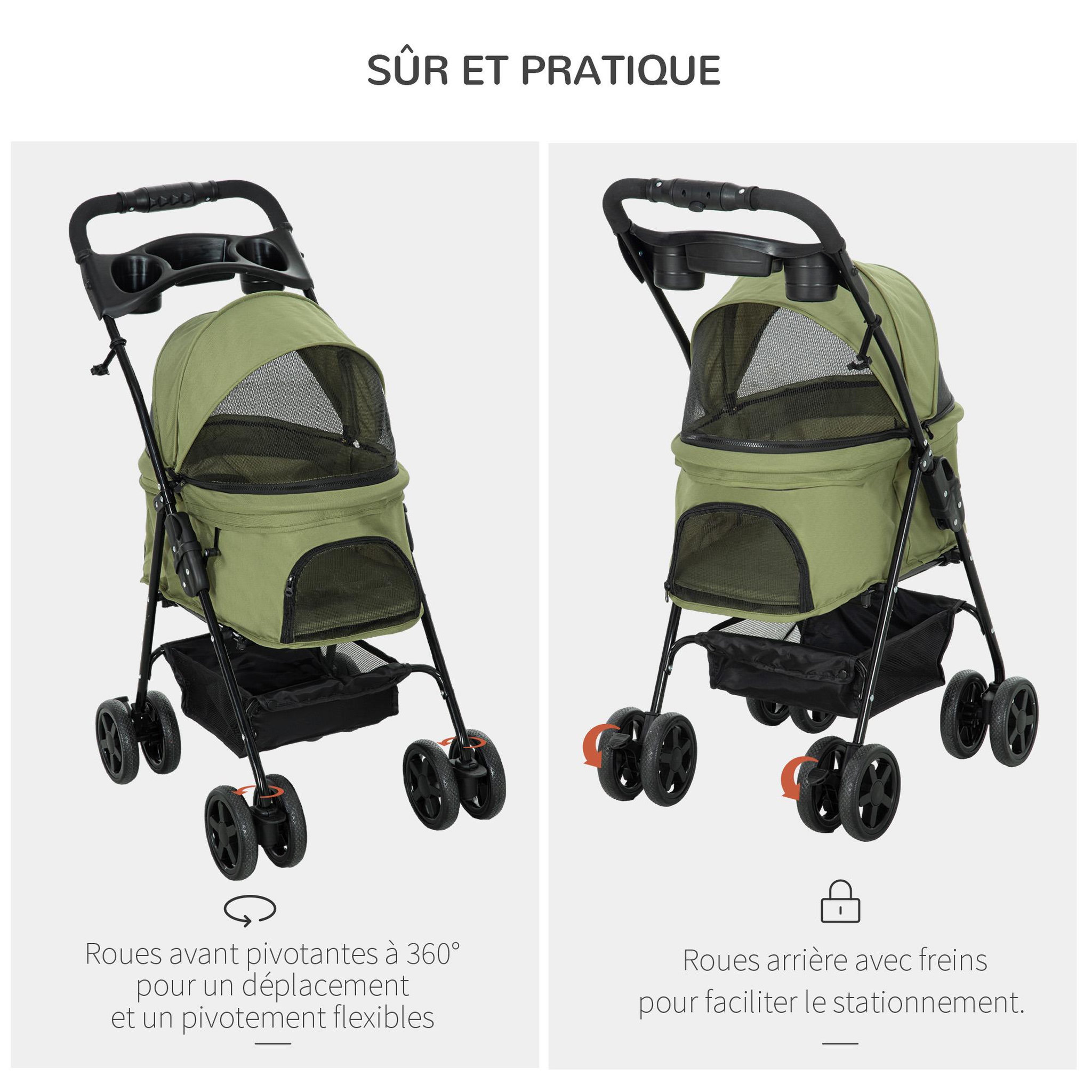 Voir la diapositive 5 : PAWHUT Poussette buggy pliable chien chat panier rangement porte-gobelets tissu 300d oxford imperméable 4 roues vert