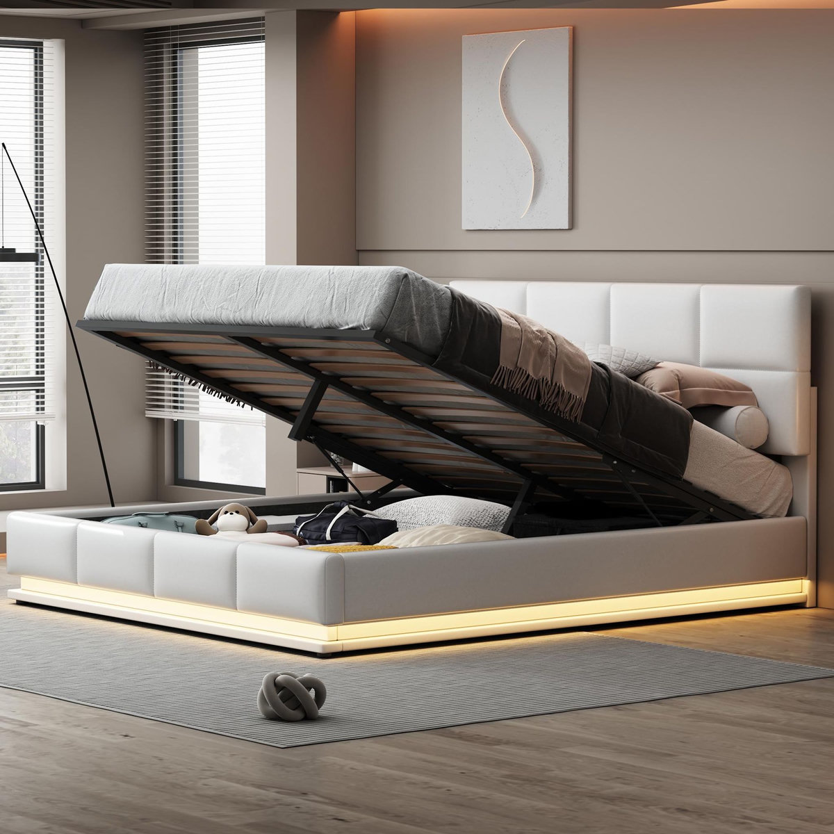 MERAX Lit coffre rembourré 180x200 cm coloris blanc led tissu