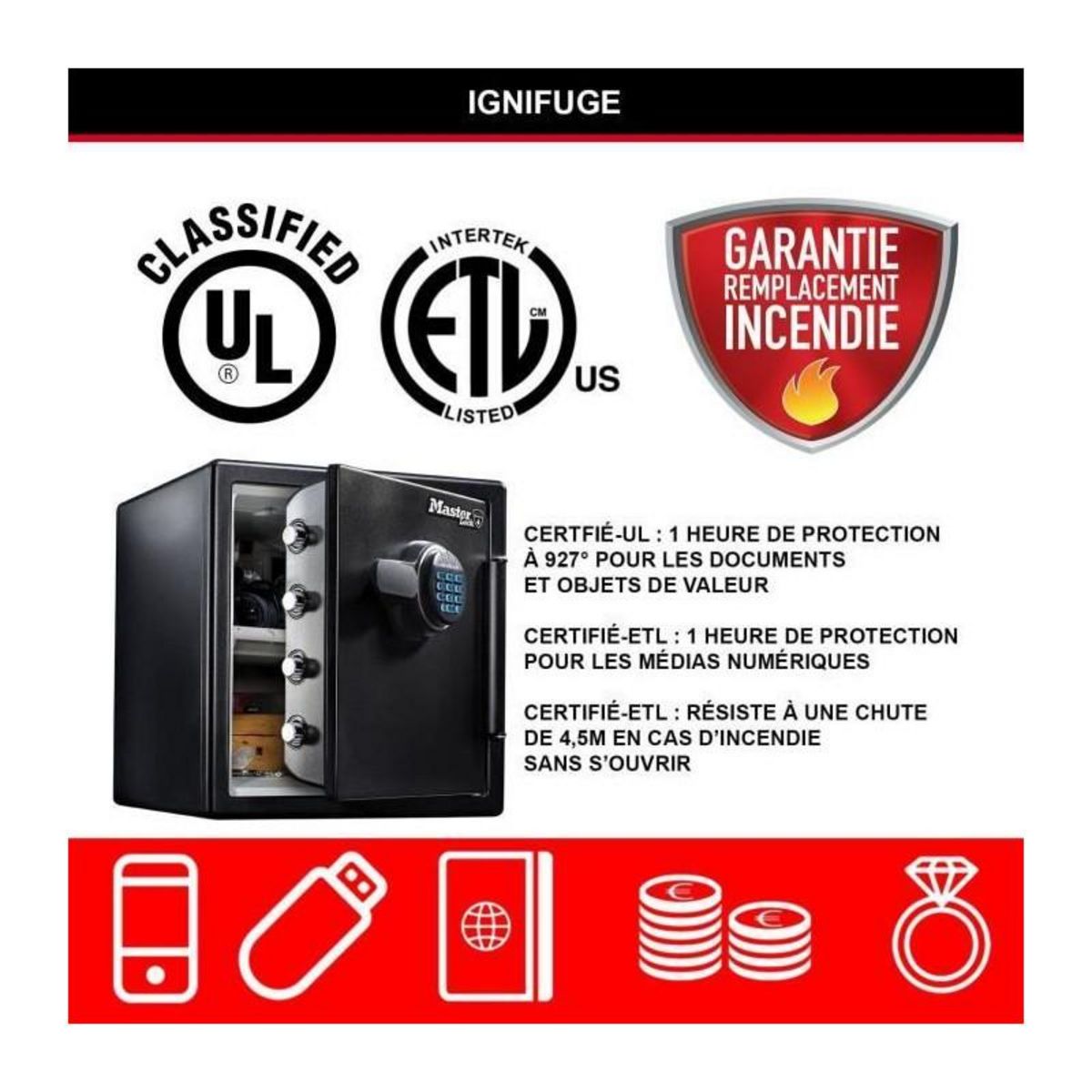 Master lock Coffre-fort [Ignifuge et Etanche] [XL 33,6 Litres] [Combinaison Electronique] - LFW123FTC