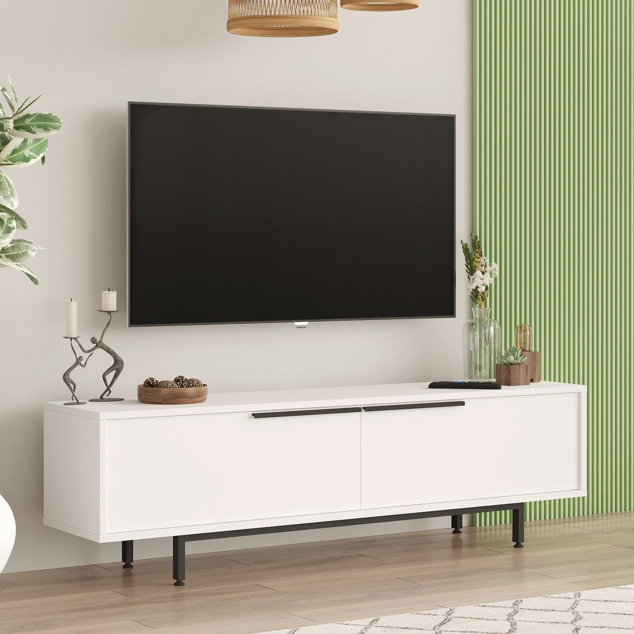 Voir la diapositive 3 : Habitat et Jardin Meuble tv en bois  calvin  - 160 x 35 x 45 cm - blanc
