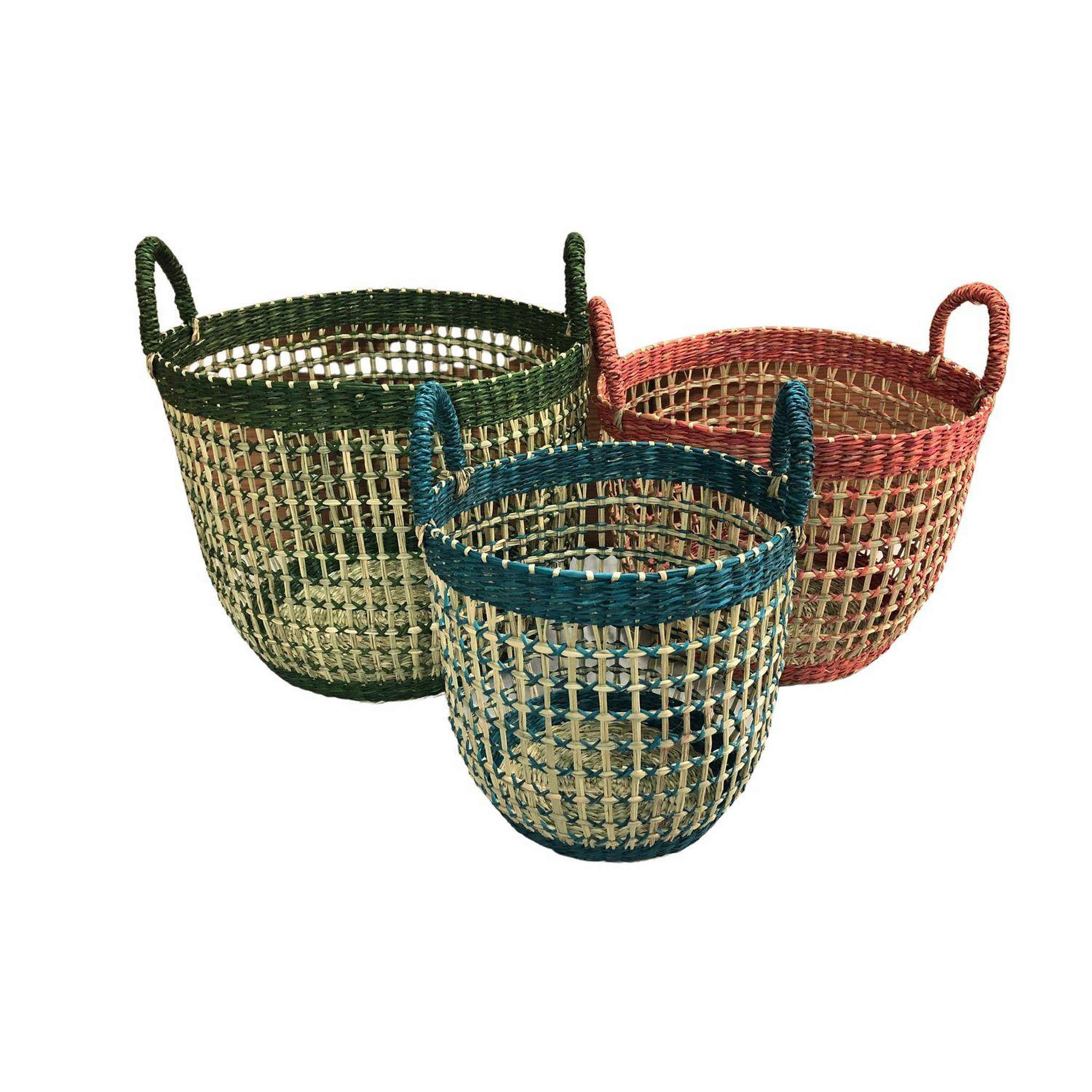 KB8 Lot de 3 paniers colorés en jonc de mer - vert, rouge et bleu