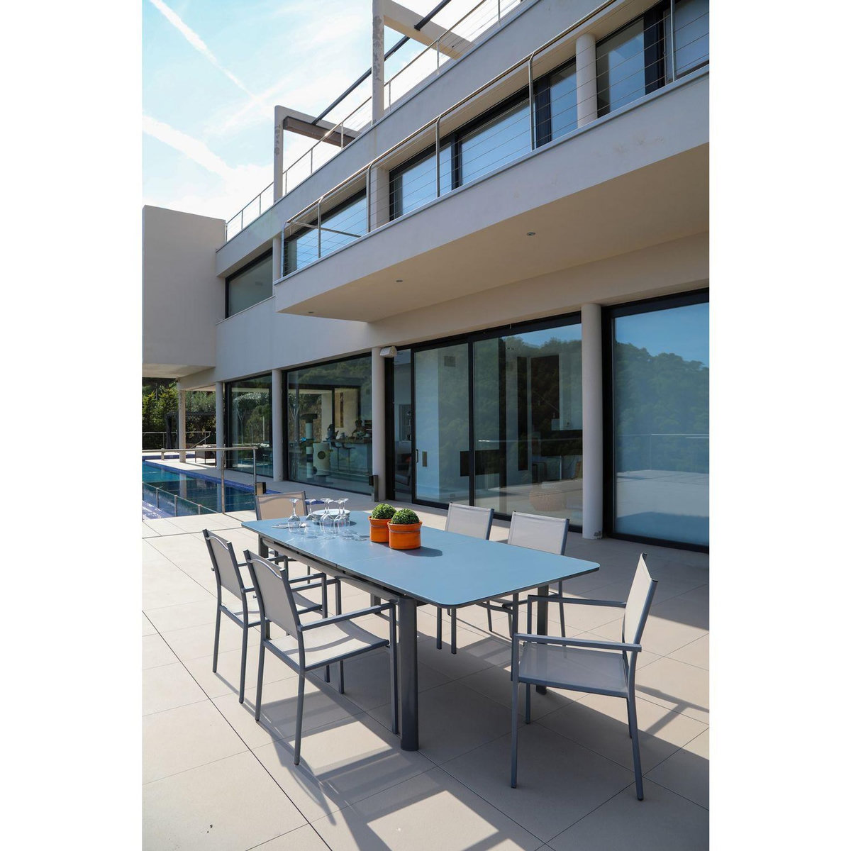 Table de jardin extensible 180/240x100 avec plateau verre texturé FIGUE