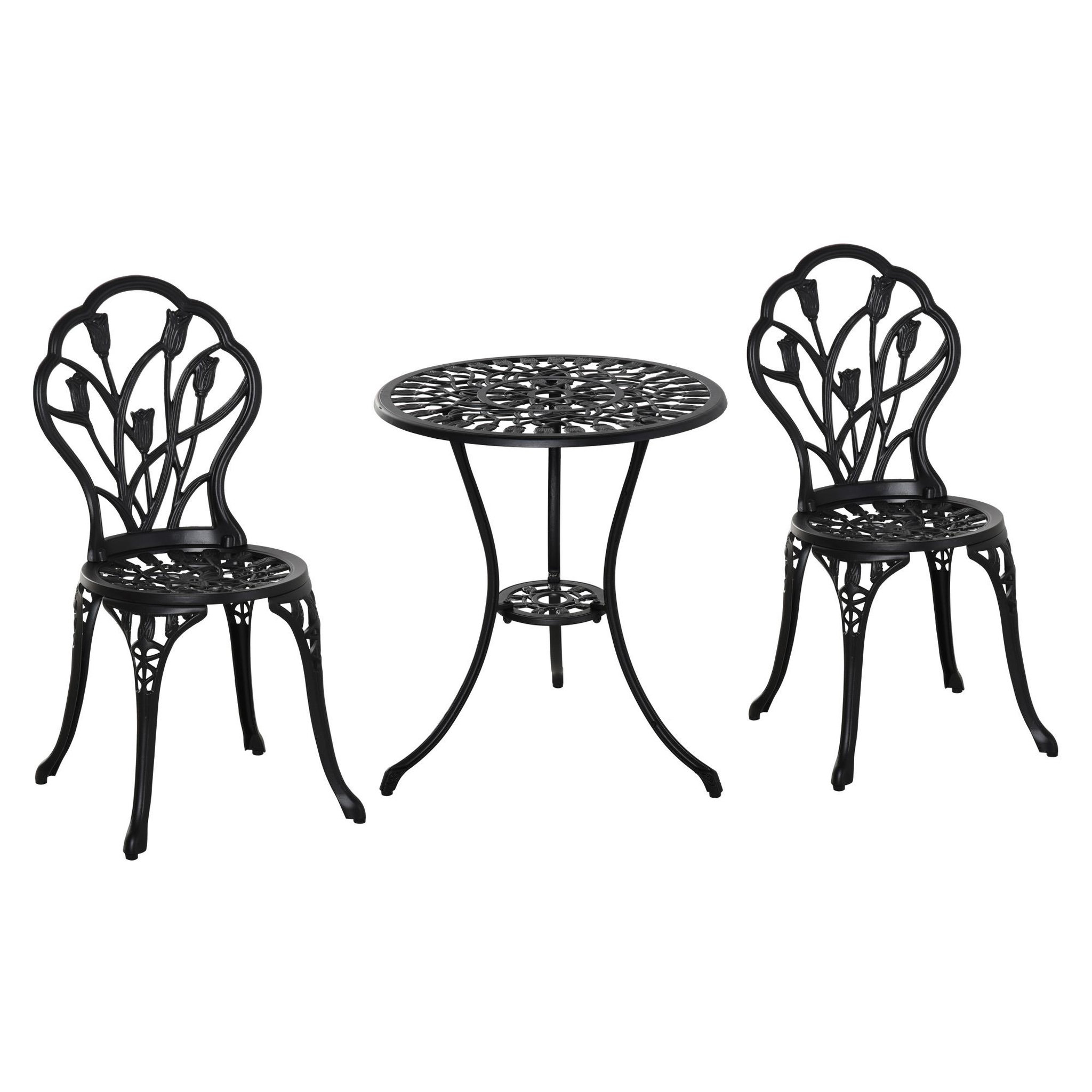 Voir la diapositive 1 : OUTSUNNY Ensemble salon de jardin 2 places 2 chaises + table ronde fonte d'aluminium imitation fer forgé noir
