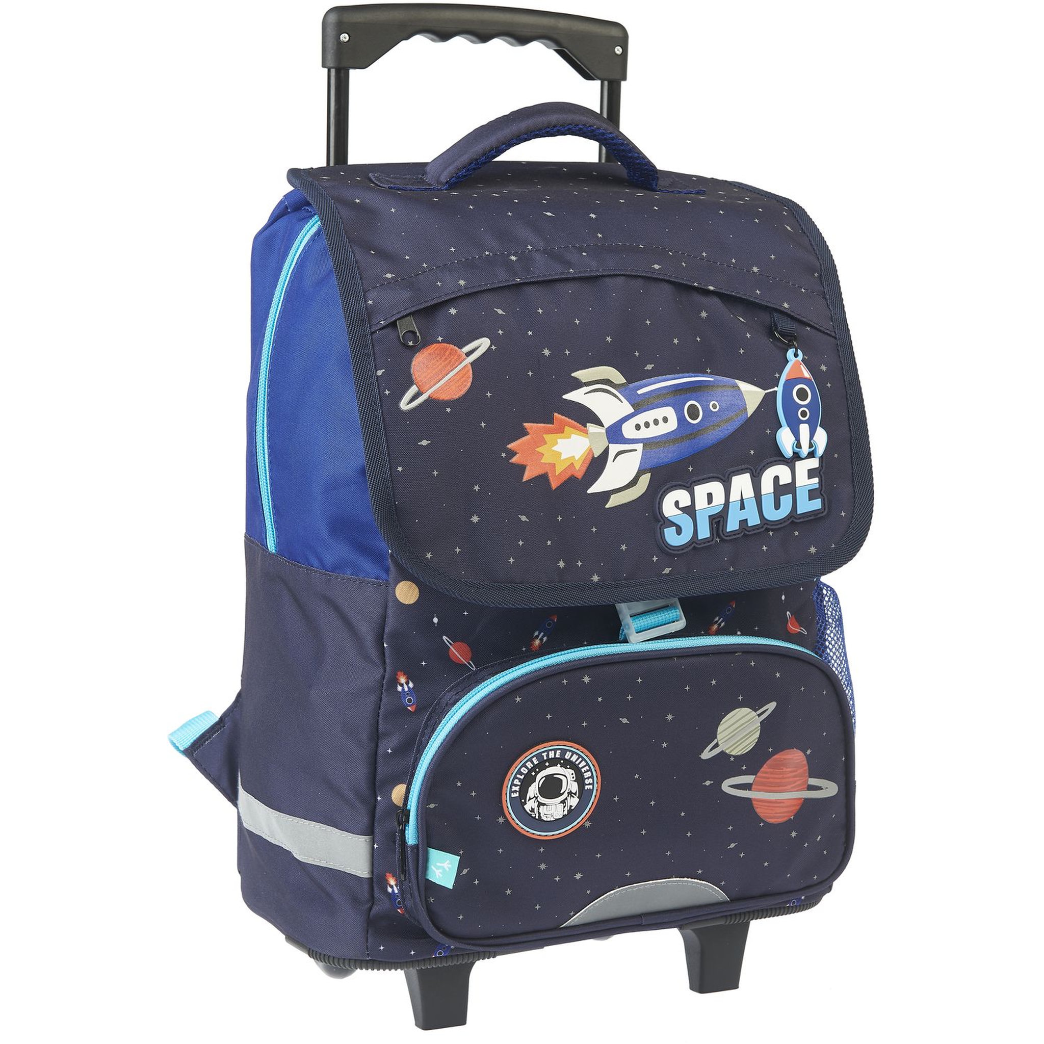 Voir la diapositive 2 : AUCHAN Sac à dos à roulettes bleu ESPACE