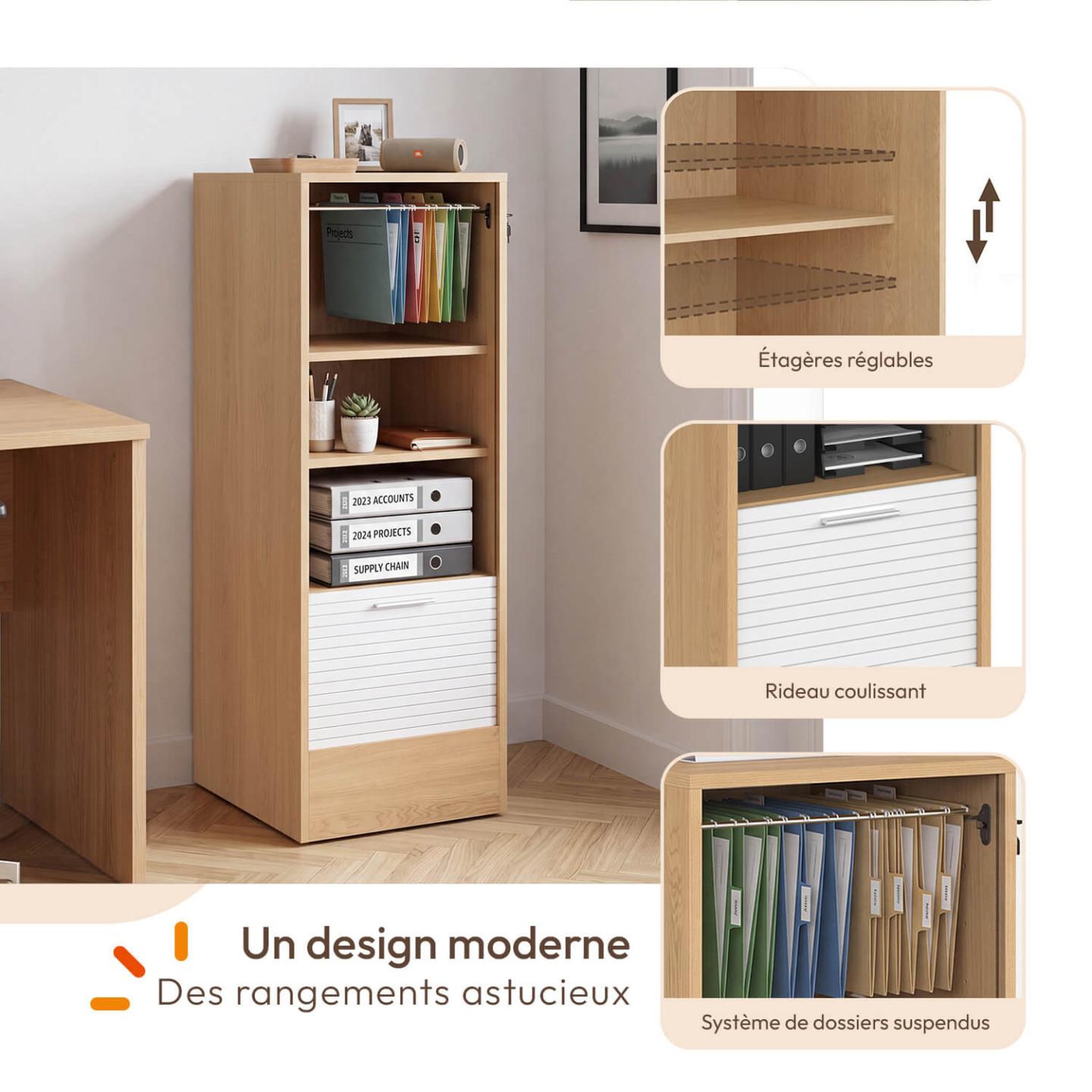 Voir la diapositive 3 : ID MARKET Meuble classeur à rideau verrouillable 4 tablettes H.110 cm blanc et bois