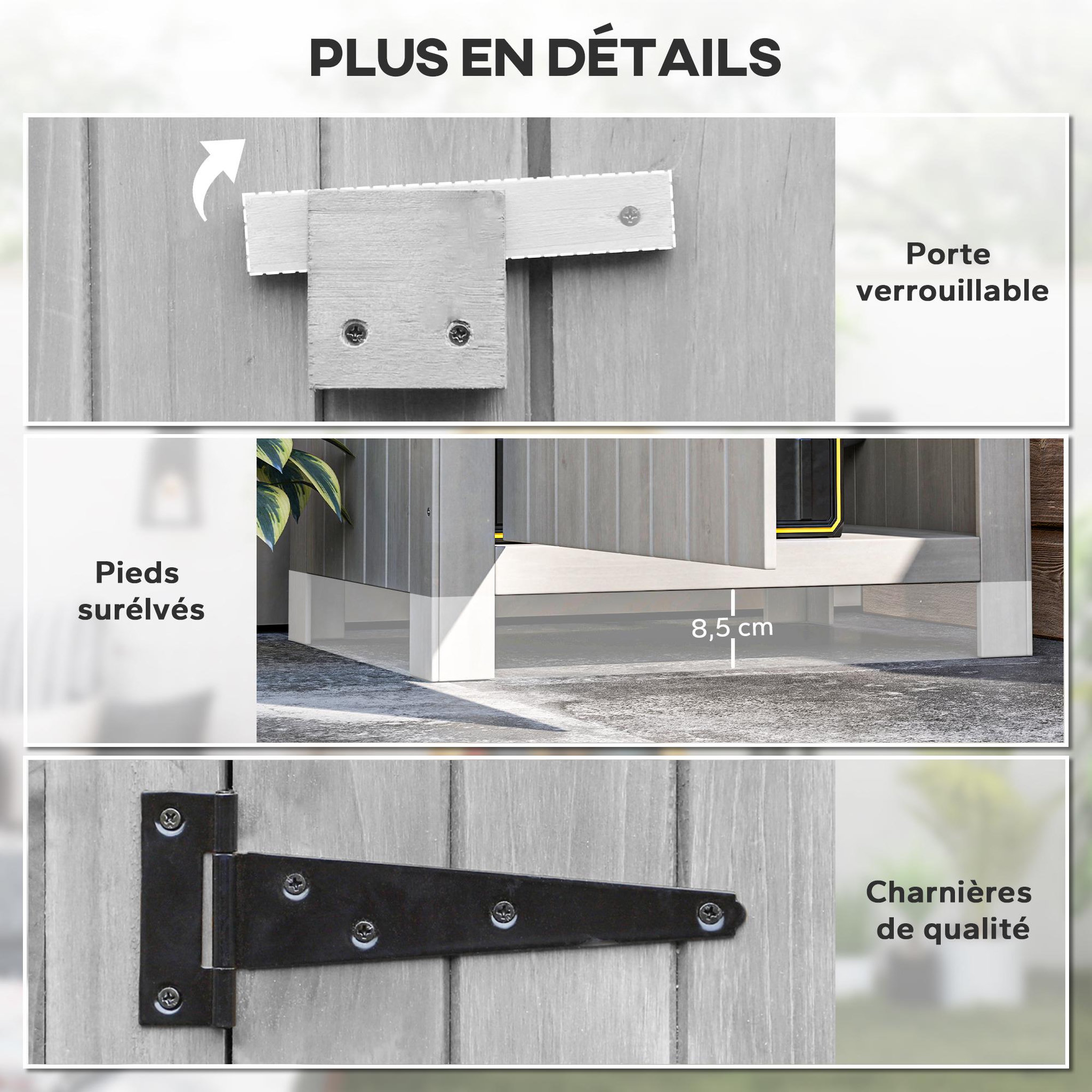 Voir la diapositive 6 : OUTSUNNY Armoire abri de jardin remise pour outils 3 étagères porte loquet toit pente bitumé dim. 77L x 54l x 179H cm bois sapin pré-huilé gris