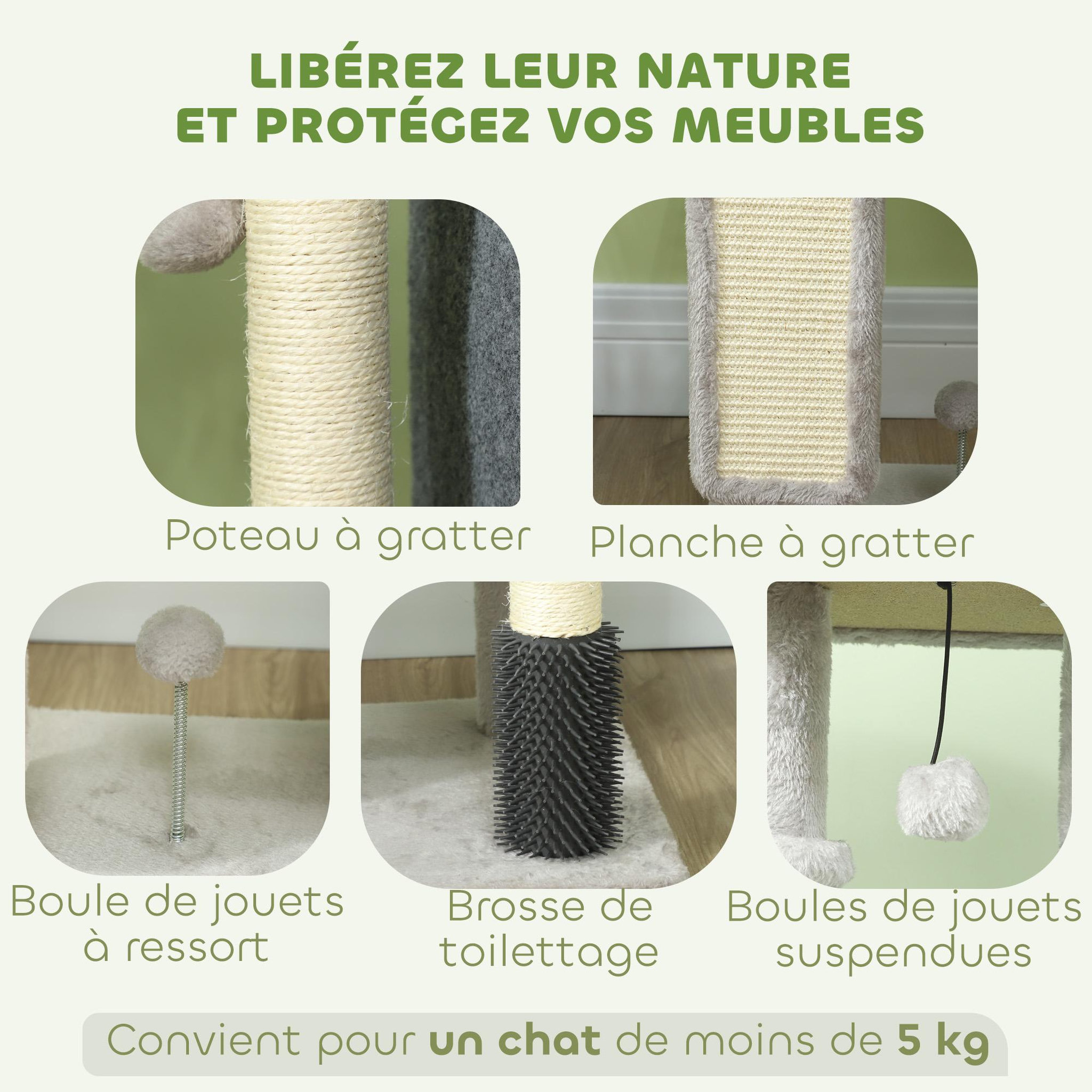 Voir la diapositive 6 : PAWHUT Arbre à chat h.104 cm - griffoir, grattoir, bande massante, jeux boules, niche, plateforme observation - gris