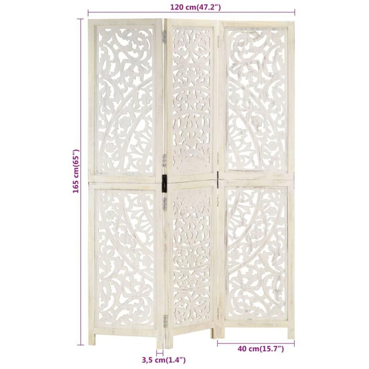 VIDAXL Cloison de separation 3 panneaux Blanc 120x165 cm Bois manguier