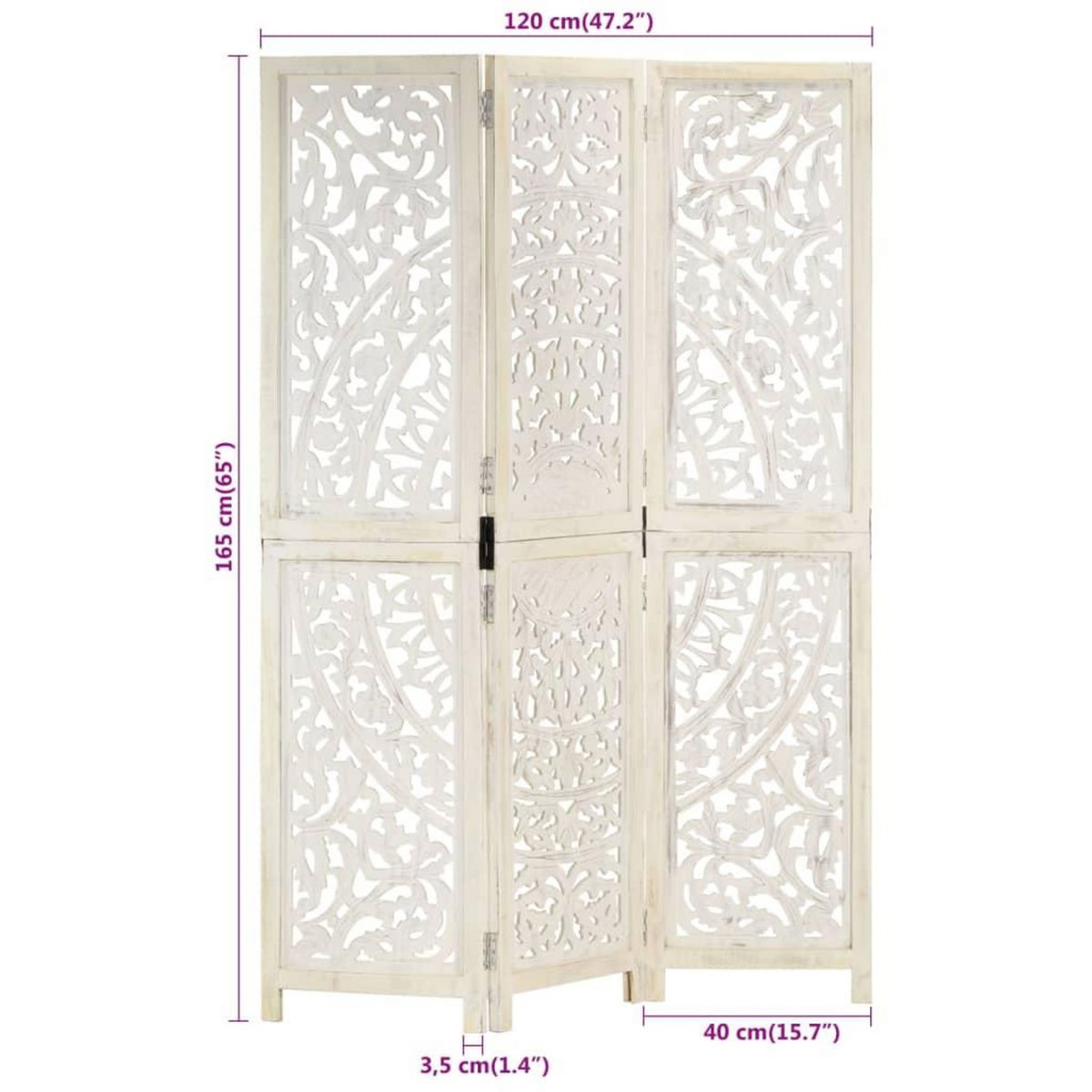 VIDAXL Cloison de separation 3 panneaux Blanc 120x165 cm Bois manguier
