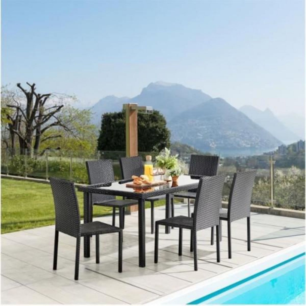 MARKET24 Ensemble repas de jardin - plateau en verre trempé et 6 chaises en résine tressée noir - Table 160x80x73 cm - Chaise : 44x54x