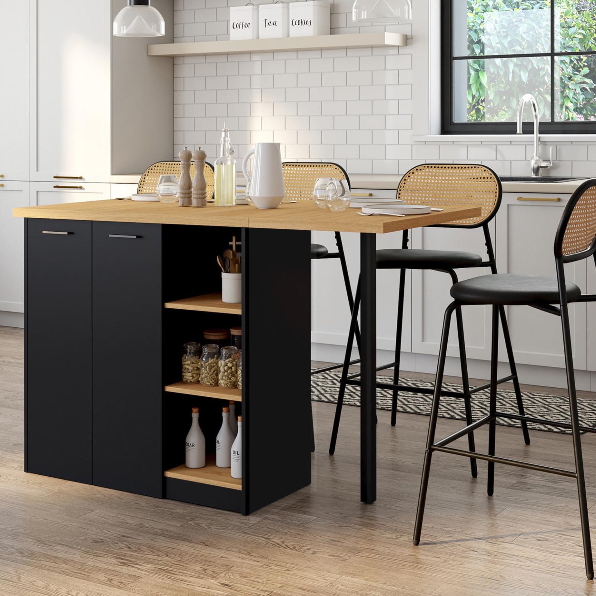Voir la diapositive 2 : ID MARKET Ilot central cesar 140 cm 5 personnes bois noir avec plan de travail façon hêtre