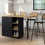 Voir la diapositive 2 : ID MARKET Ilot central CESAR 140 cm bois noir avec plan de travail façon hêtre