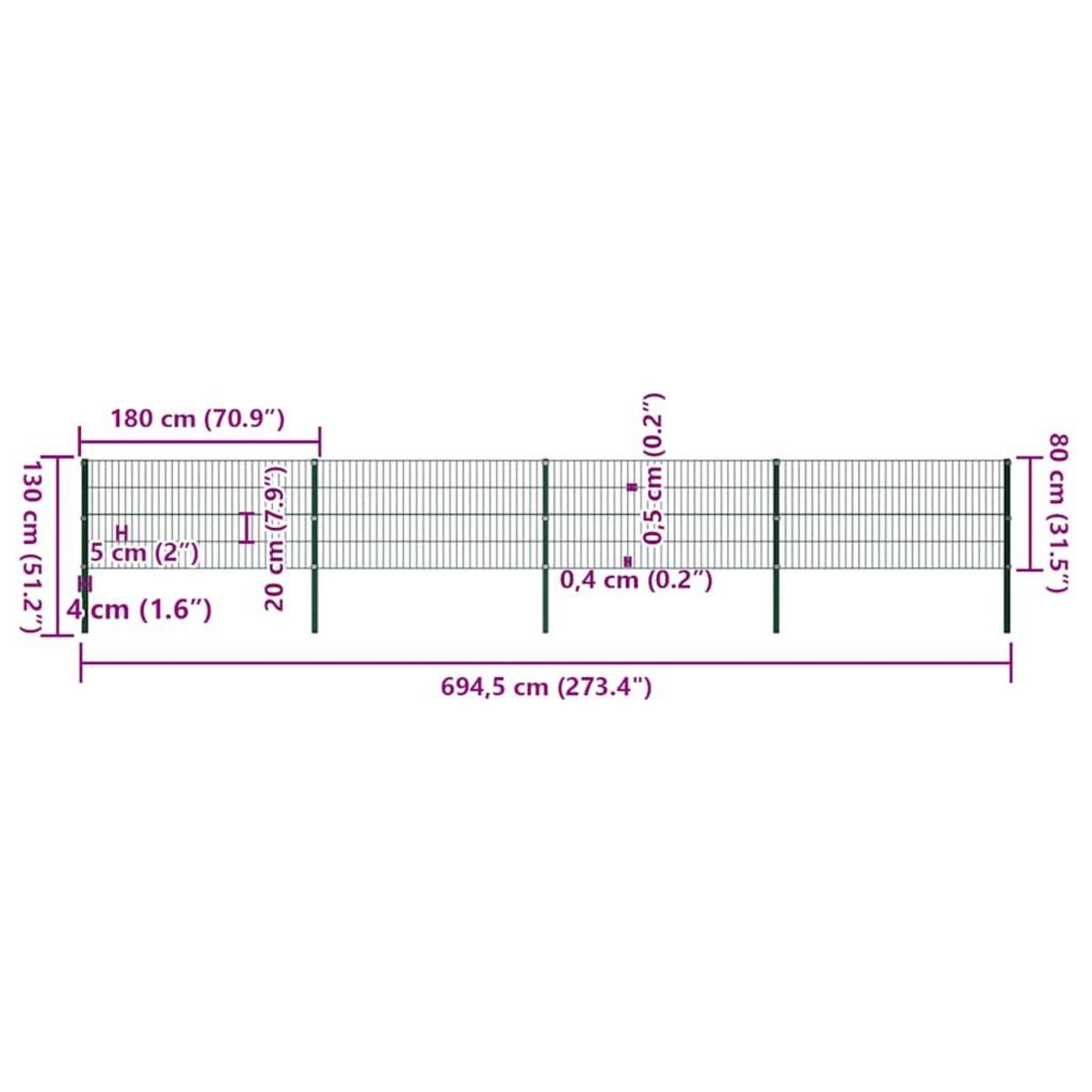 VIDAXL Panneau de cloture avec poteaux en fer 694,5 x 80 cm Vert