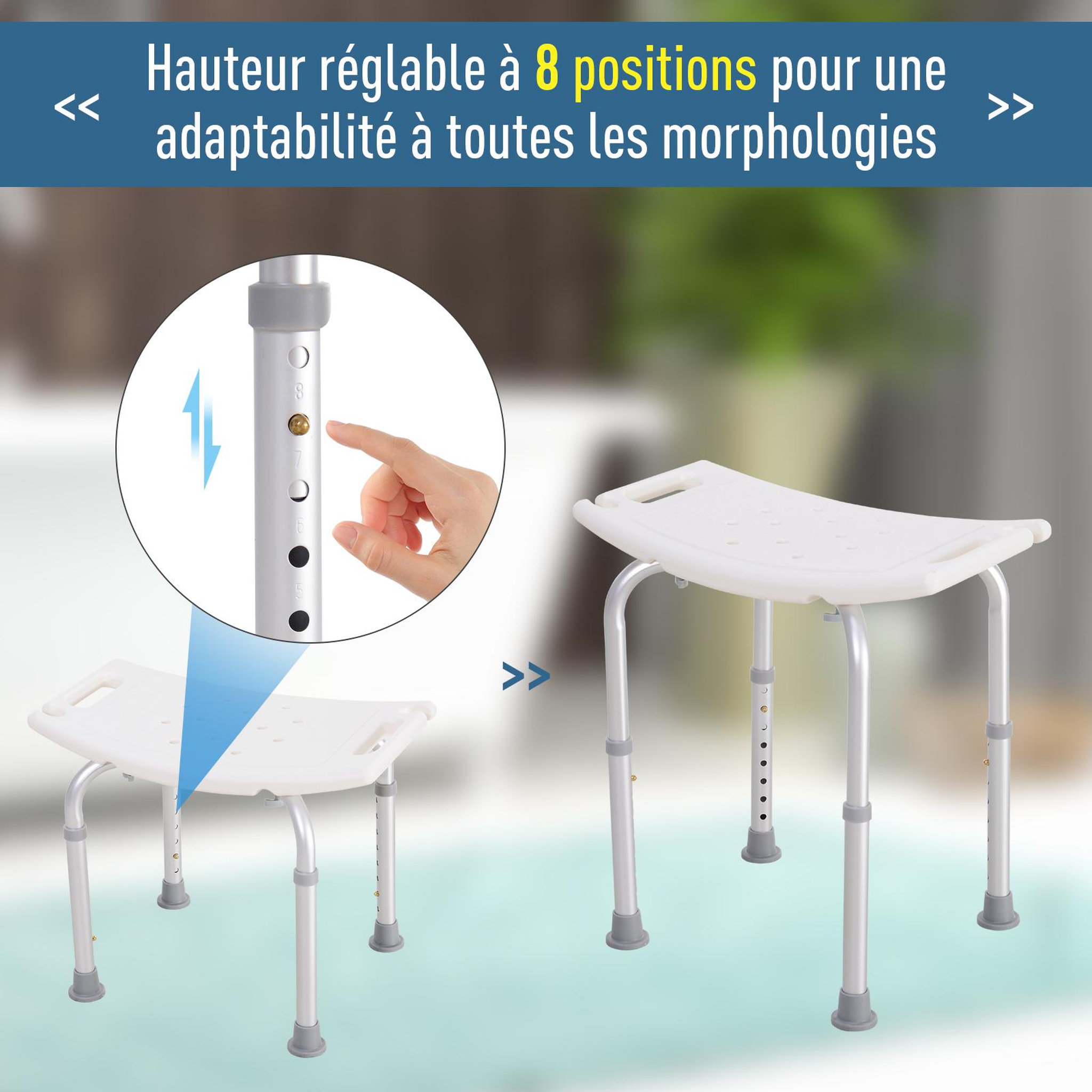 Voir la diapositive 4 : HOMCOM Siège de douche réglable en hauteur tabouret de douche ergonomique pieds antidérapants charge max. 136 kg alu hdpe blanc