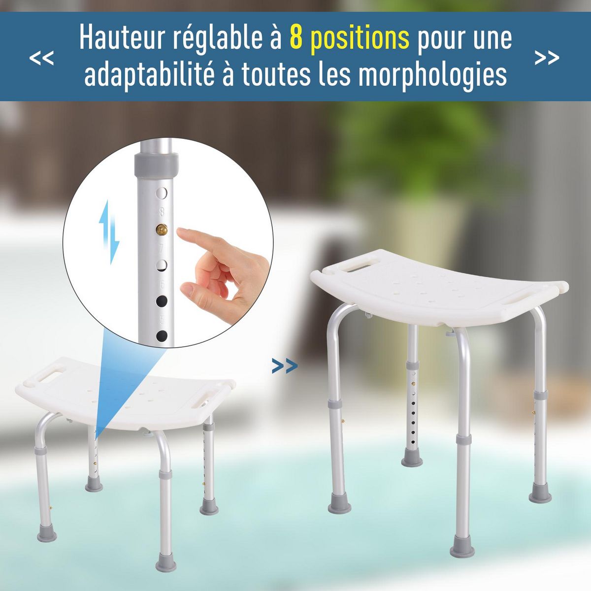 HOMCOM Siège de douche réglable en hauteur tabouret de douche ergonomique pieds antidérapants charge max. 136 Kg alu HDPE blanc