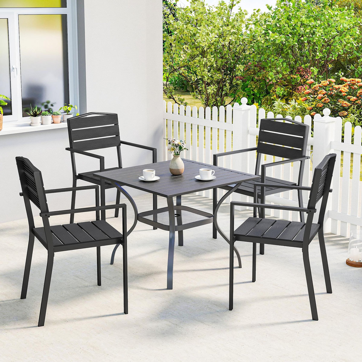 OUTSUNNY Lot de 4 chaises de jardin empilables avec accoudoirs métal époxy HDPE effet bois noir