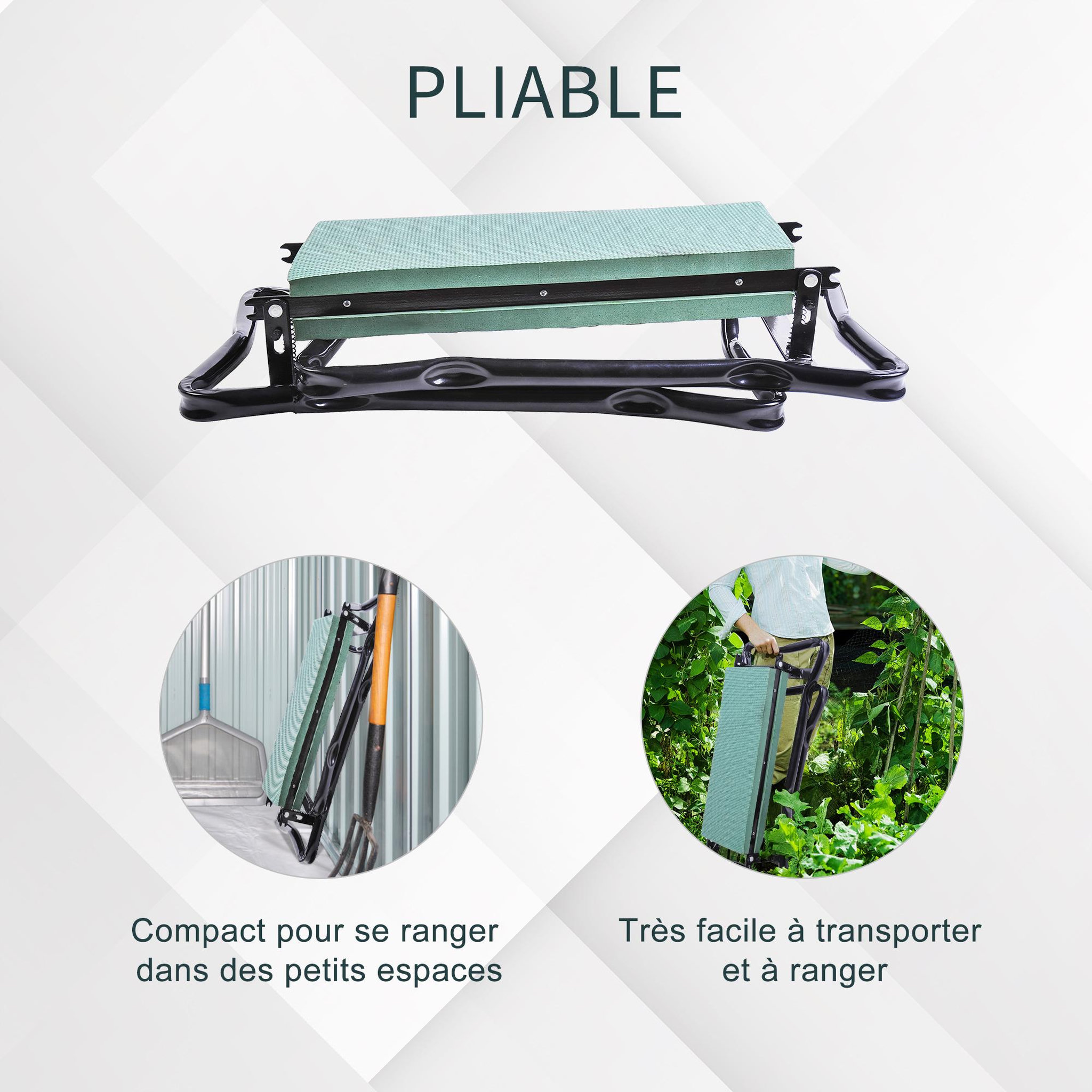 Voir la diapositive 5 : OUTSUNNY Tabouret de jardin pliable agenouilloir de jardin siège jardinage avec coussin acier EVA noir vert