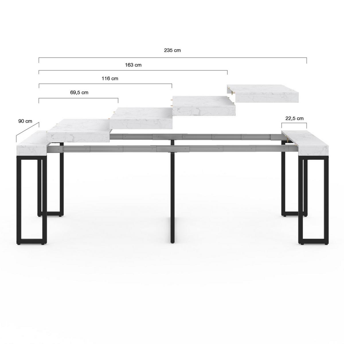 ID MARKET Table console extensible 10 personnes 235 cm plateau effet marbre blanc ALASKA