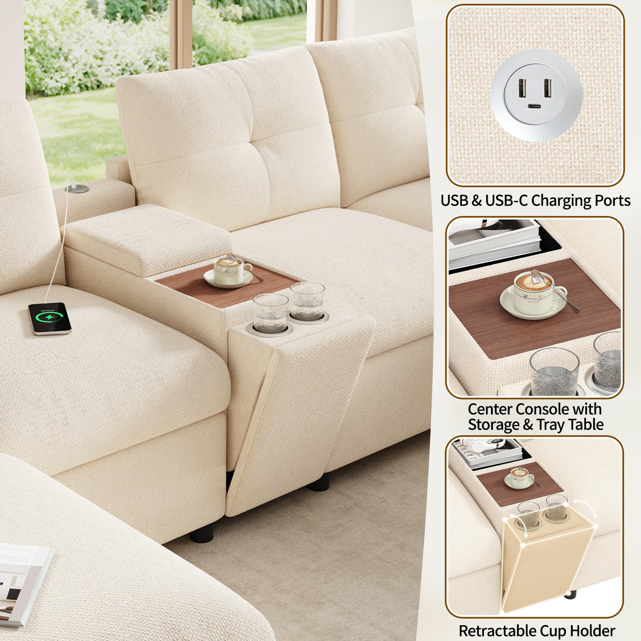 Voir la diapositive 5 : MERAX Canapé d'angle modulable 6 places u/l avec 2 poufs rangement usb type-c chenille