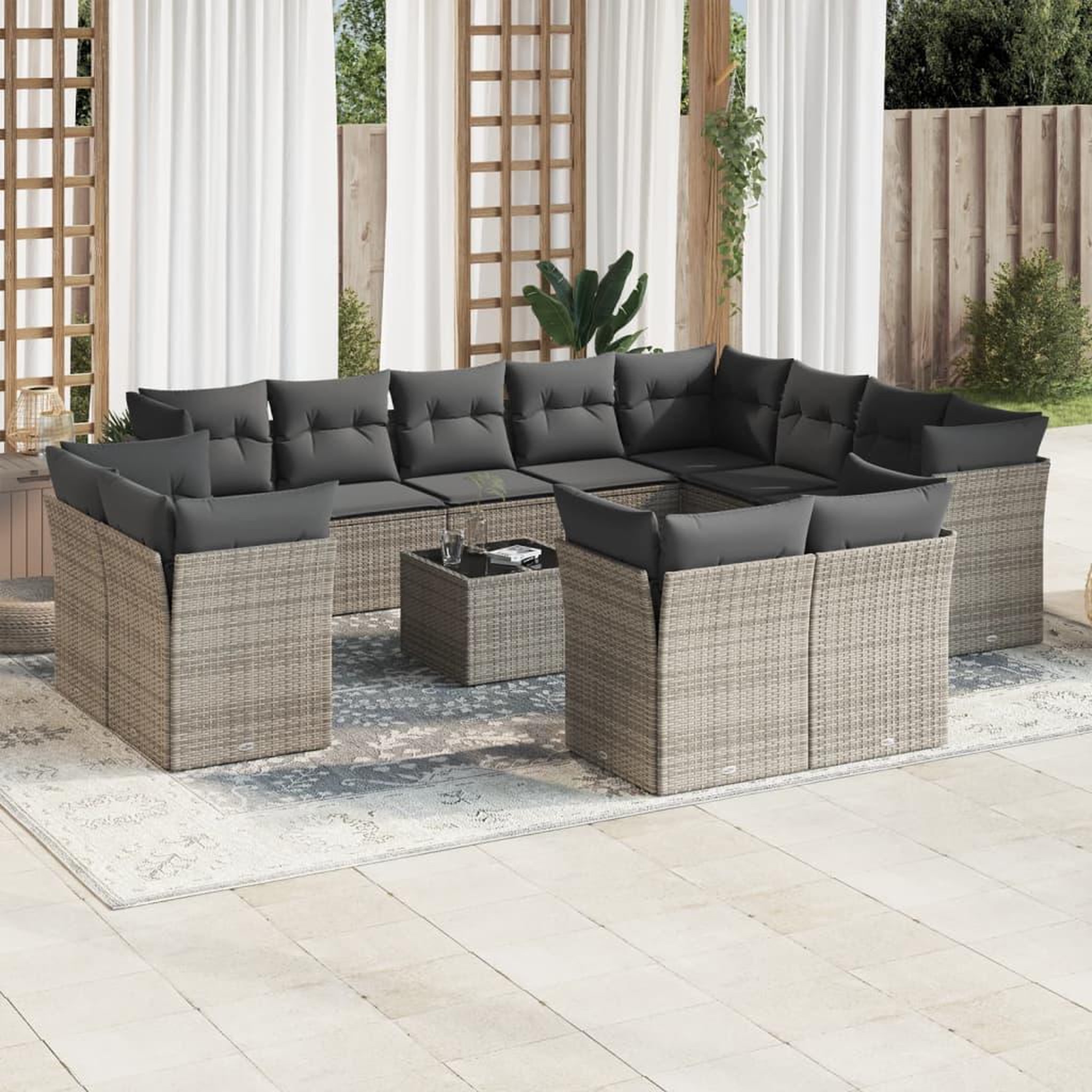 VIDAXL Salon de jardin avec coussins 13 pcs gris resine tressee