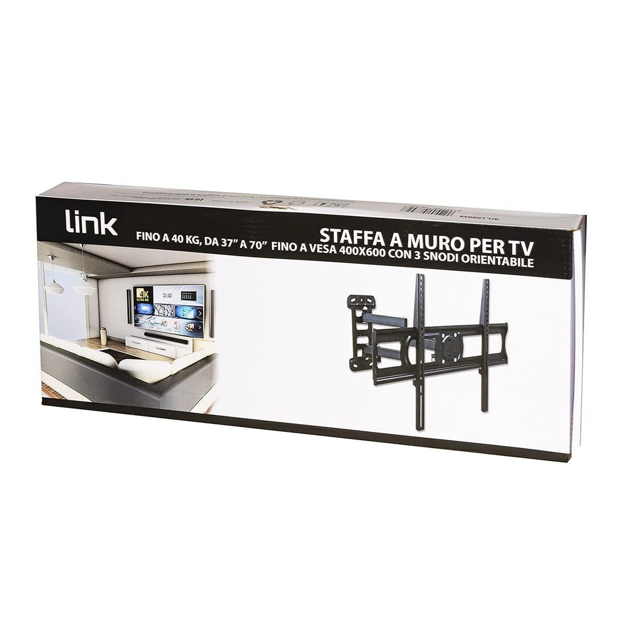 Voir la diapositive 2 : LINK Link lkbr59 support mural pour tv 37 -70  jusqu'à 40 kg – vesa 75x75-400x600 – 3 articulations – orientation verticale 5°-10° et latérale 45° – extension 77-320 mm – noir