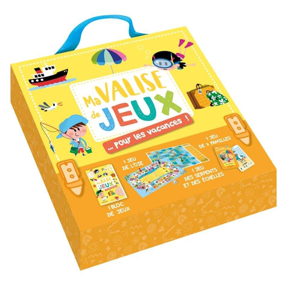 MA VALISE DE JEUX, POUR LES VACANCES ! CONTIENT : 1 BLOC DE JEUX, 1 JEU DE SERPENTS ET DES ECHELLES, 1 JEU DE 7 FAMILLES, Auzou