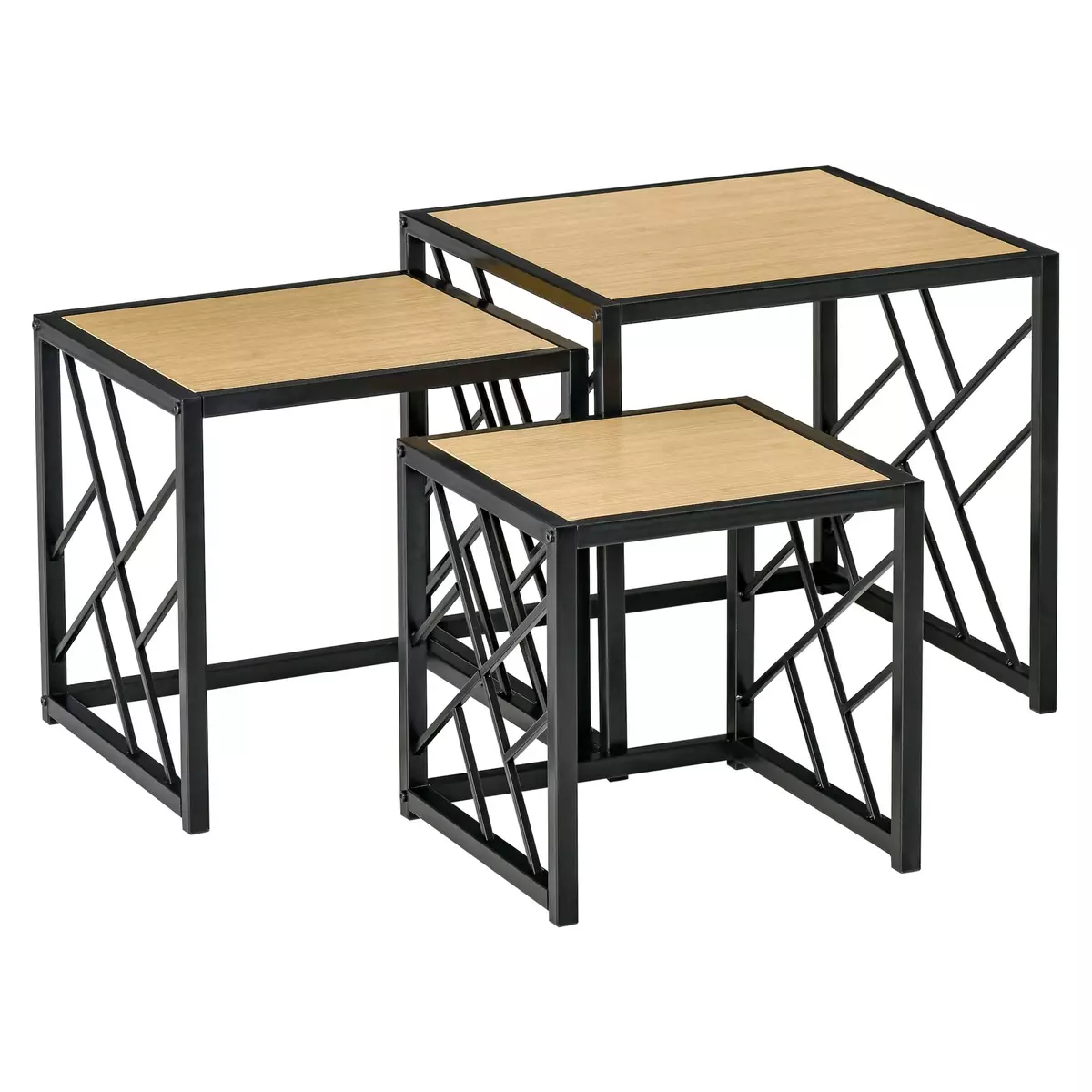 HOMCOM Ensemble de 3 tables basses gigognes encastrables style industriel métal noir aspect bois clair