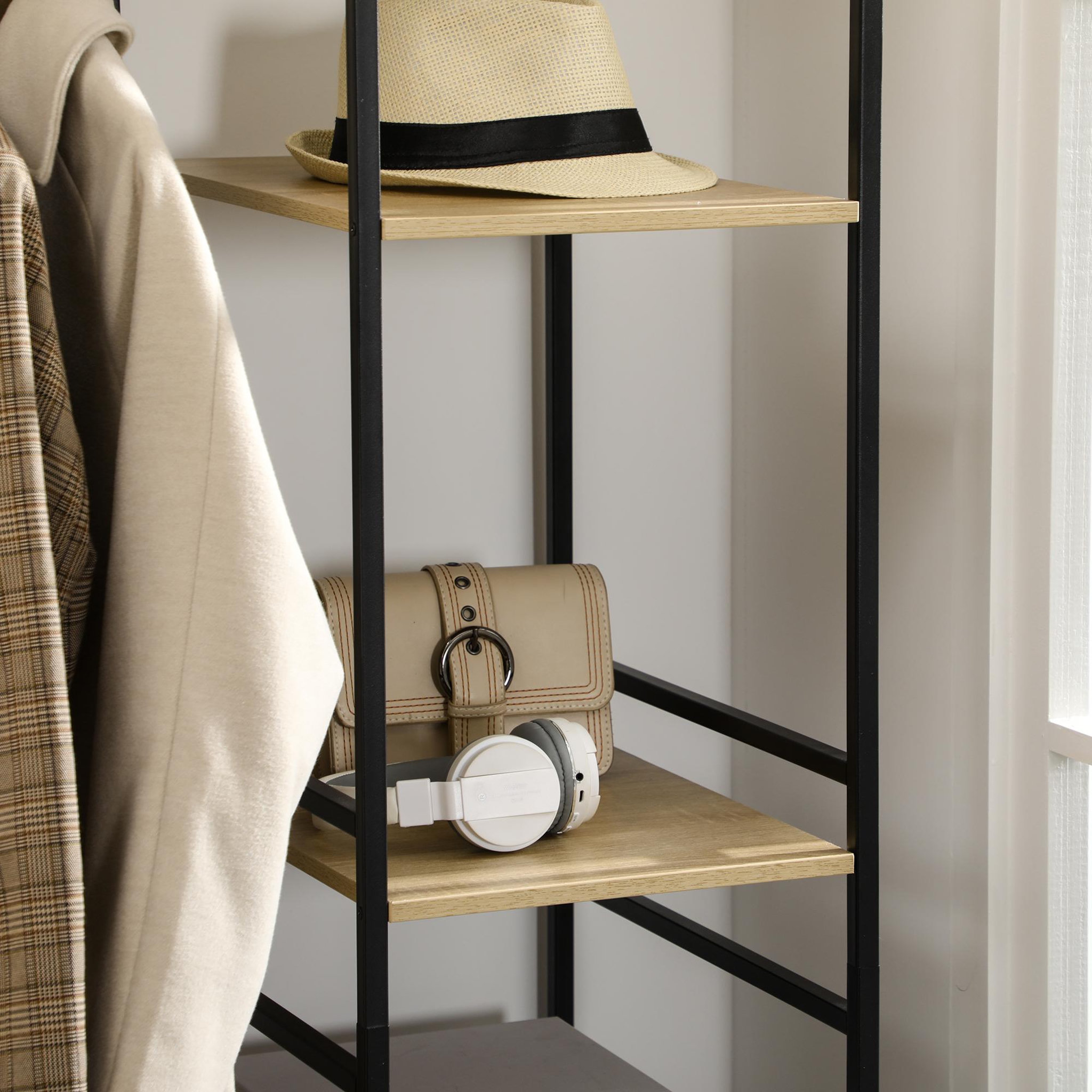 Voir la diapositive 4 : HOMCOM Penderie portant à vêtements style industriel en métal avec tringle et 4 étagères - dim. 100L x 46L x 170,5H cm - métal aspect chêne clair