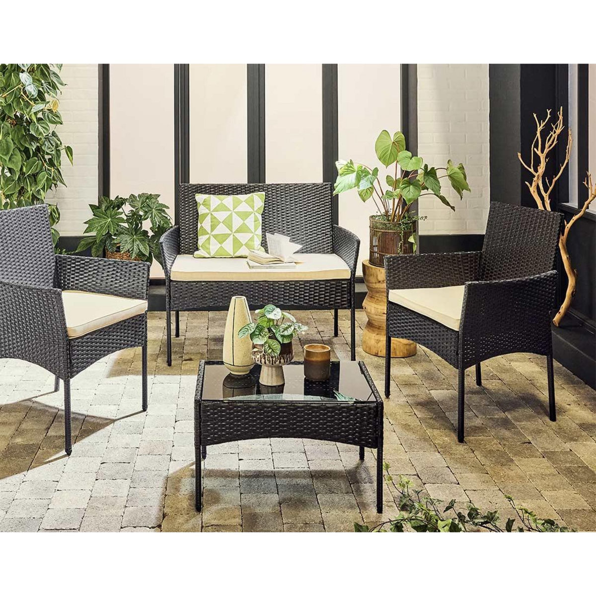 BEST MOBILIER Marbella - salon bas de jardin 4 places - en résine tressée - noir avec coussins beiges